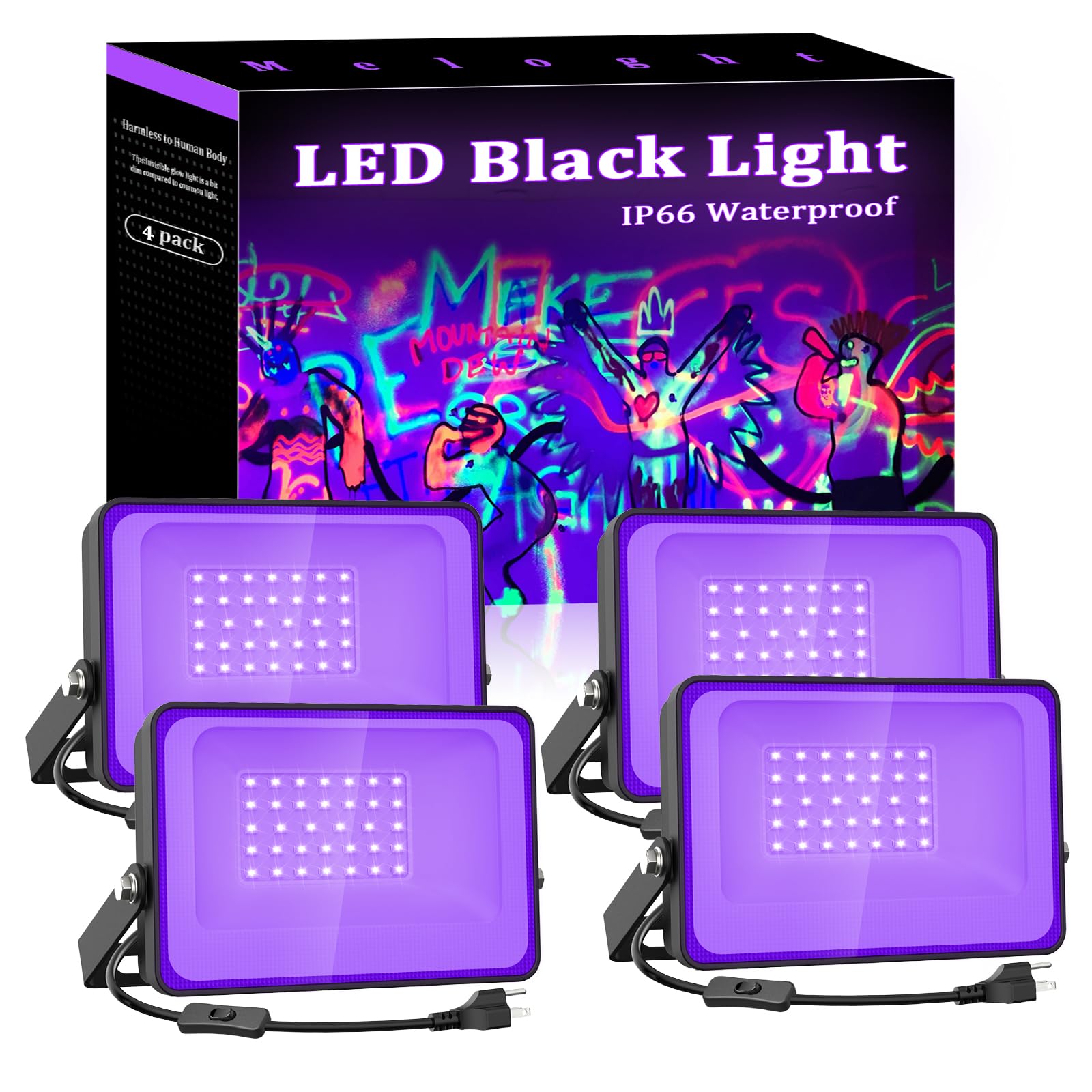 Meloght 30W Led Black Light, 35 Leds Blacklight Flood Light With Plug And Switch, Light Up 200Sq.Ft, Ip66 Waterproof Led Glow Lights For Party, Halloween, Bedroom, Stage Lighting, Poster, 4 Pack