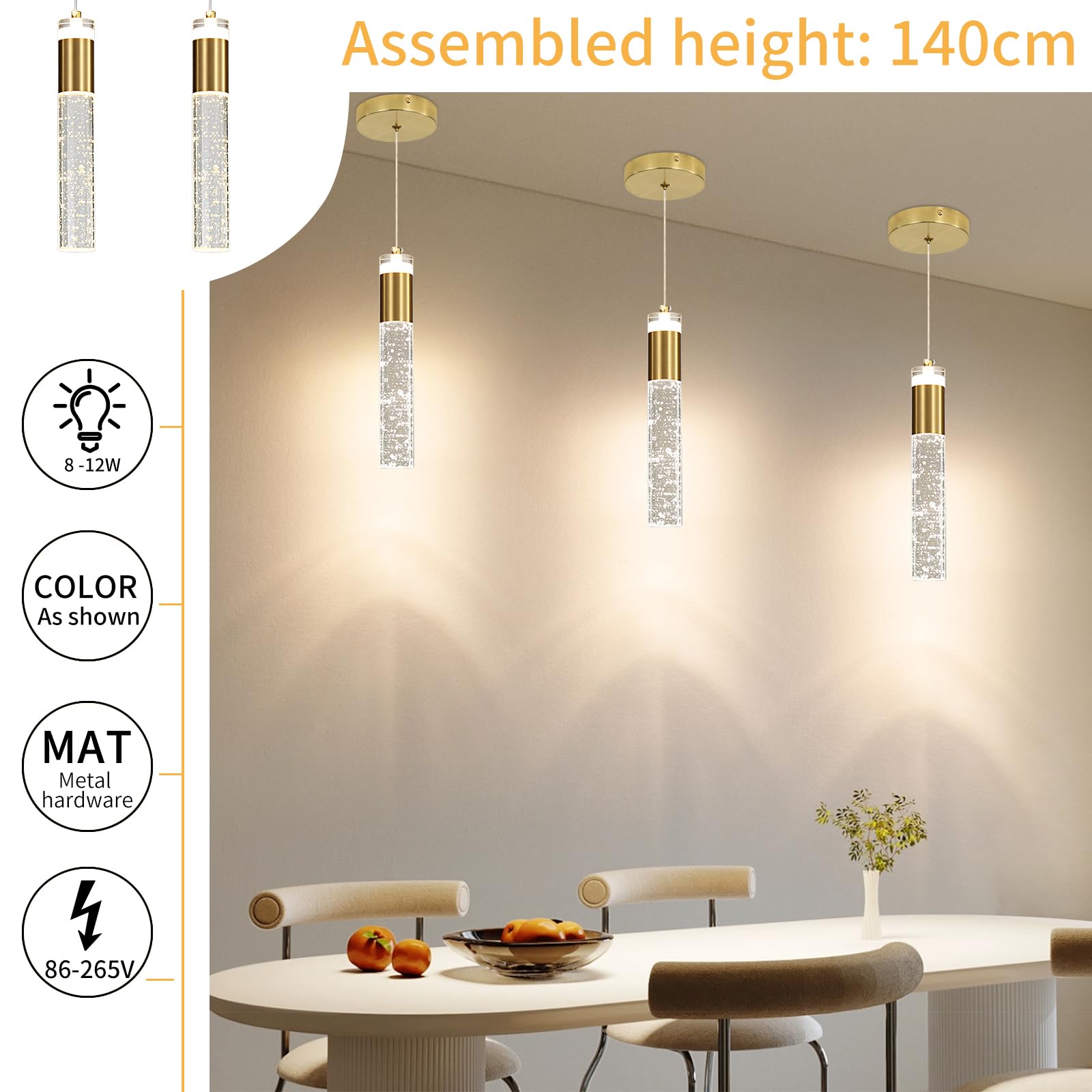 Modern Kitchen Island Pendant Lights  Gold Bubble Crystal Ceiling Hanging Light  3 Color 2700K/4500K/6500K  Mini Linear Led Chandelier Lighting For Dining Room  Bedroom  Bar  Hallway  Bedside
