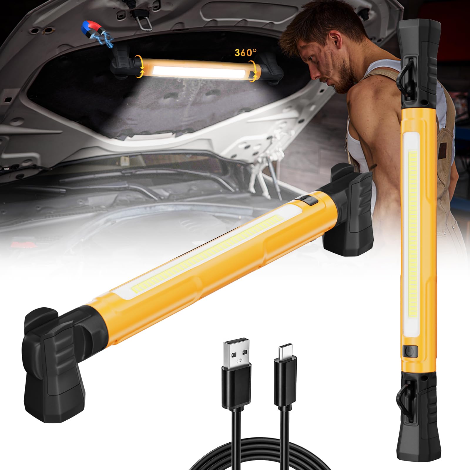 aboutool LED Work Light 3000LM, Rechargeable Underhood Mechanic Light, Magnetic Base, Rubber, Model GZD-SCK-Y01, 1 PC