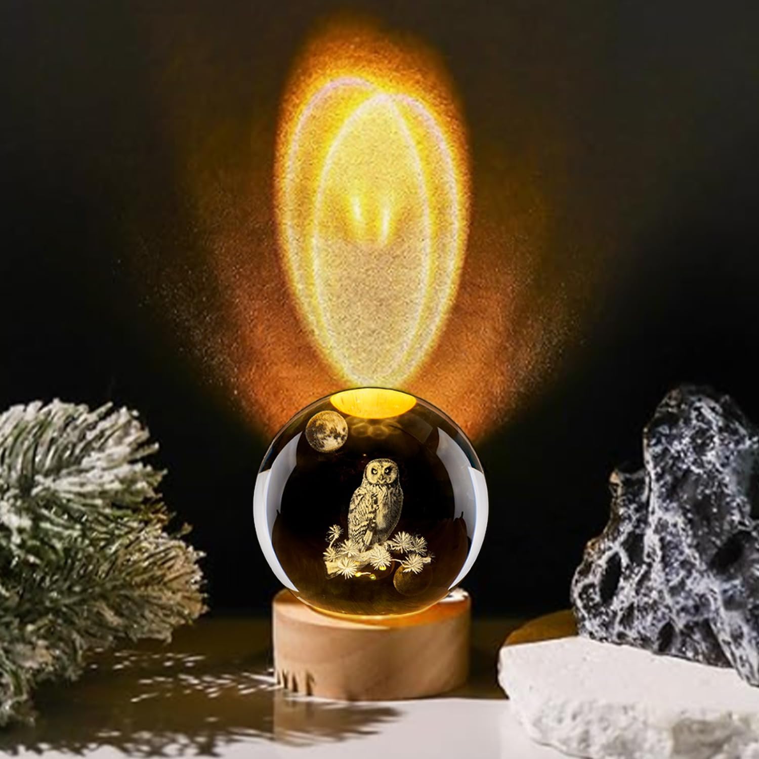 Qianchang 3D Owl Crystal Ball Night Light With Led Stand,Crystal Owl Figurine Lamp,Laser Etched Engraved Glass Paperweight,Owl D