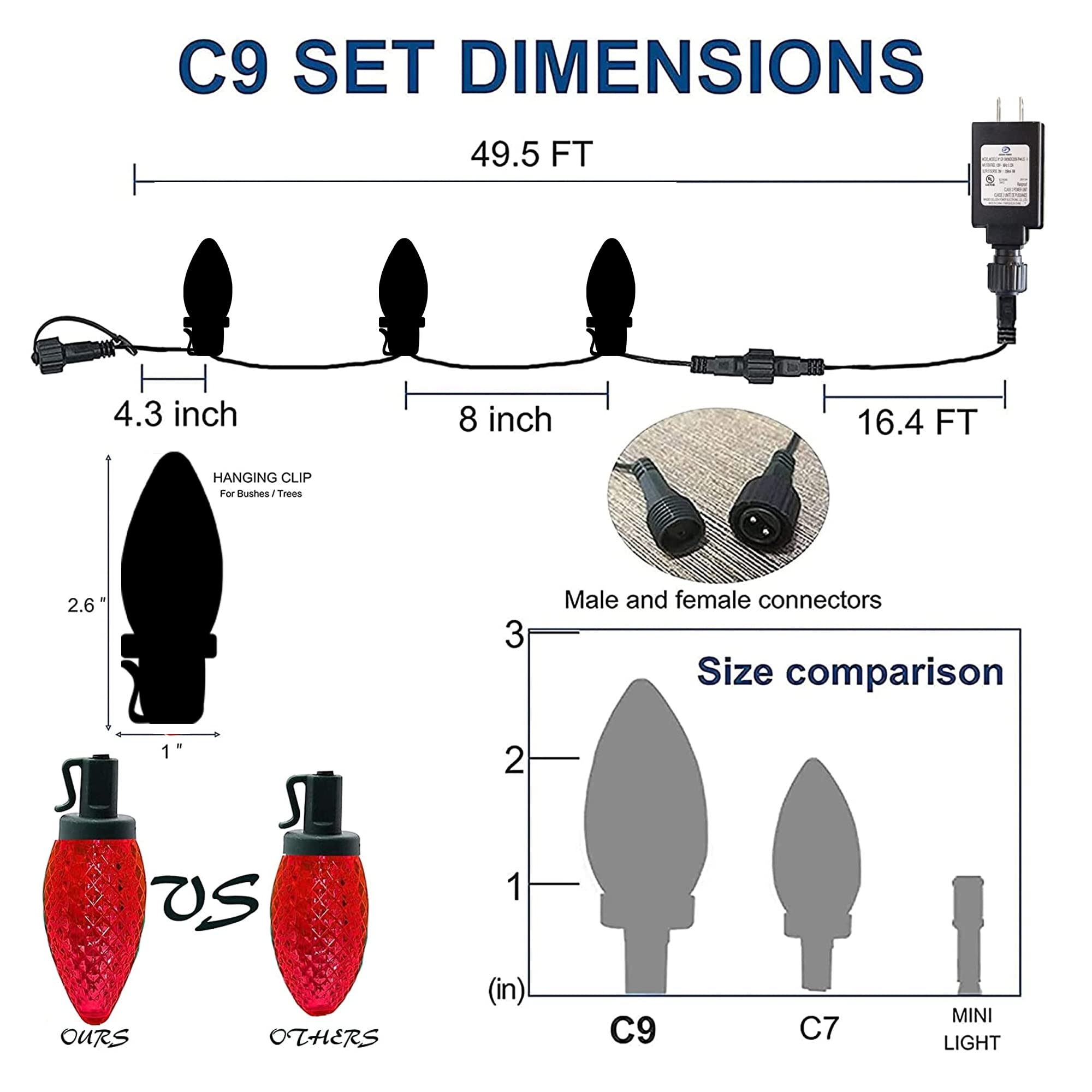 Dazzle Bright C9 Christmas Lights, 50 LED, 33ft Waterproof Green Wire, White, Model ZFD-50W-2/S-F2, Indoor/Outdoor Fairy Lights
