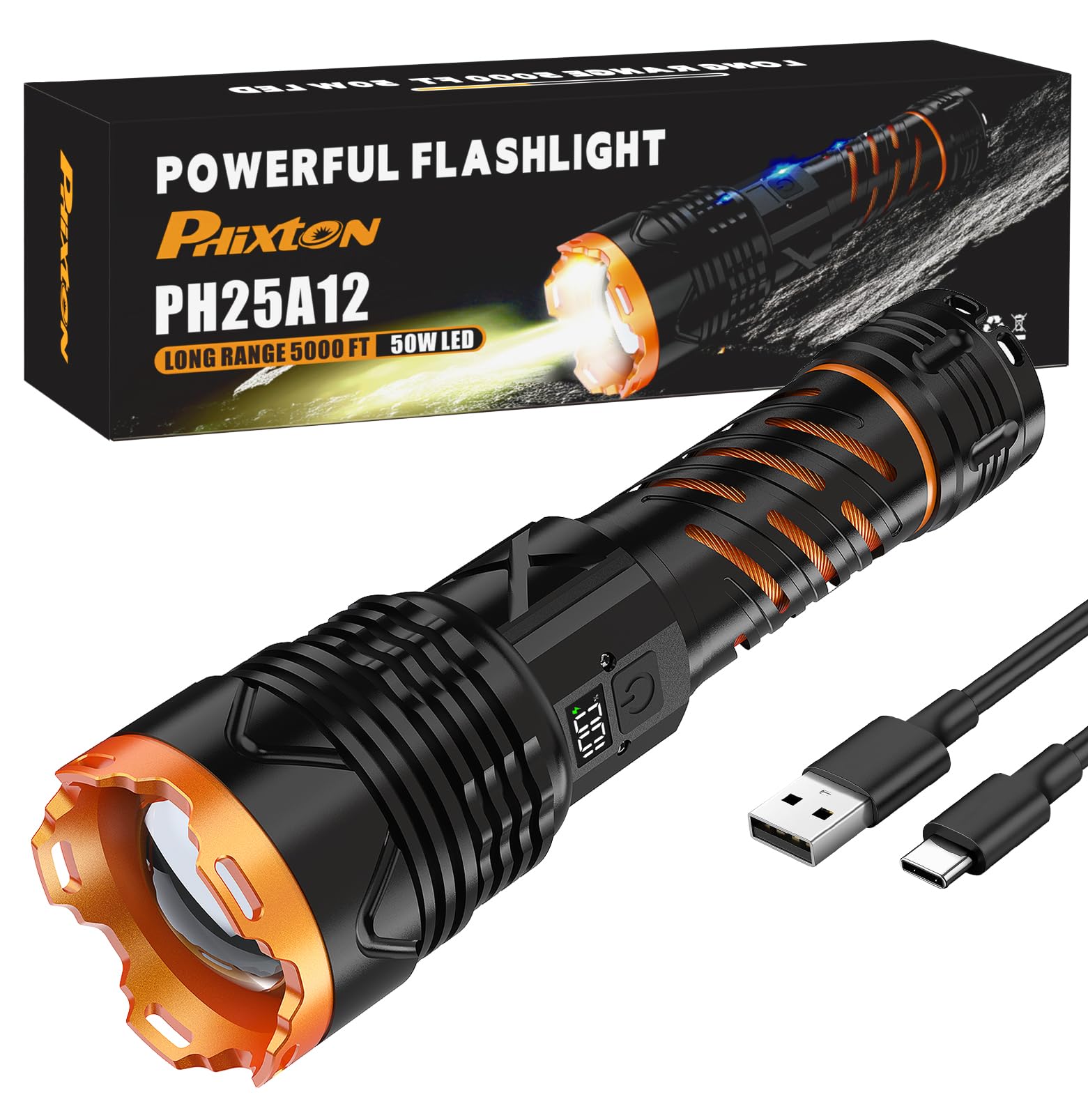Super Bright Flashlight High Lumens 10000 Rechargeable  Powerful Strong 50W LED  Long Lasting 15 Hours  Quick USB C Charge  Improved Single Click Design 3-Mode  LCD Display & Output  for Hiking Home
