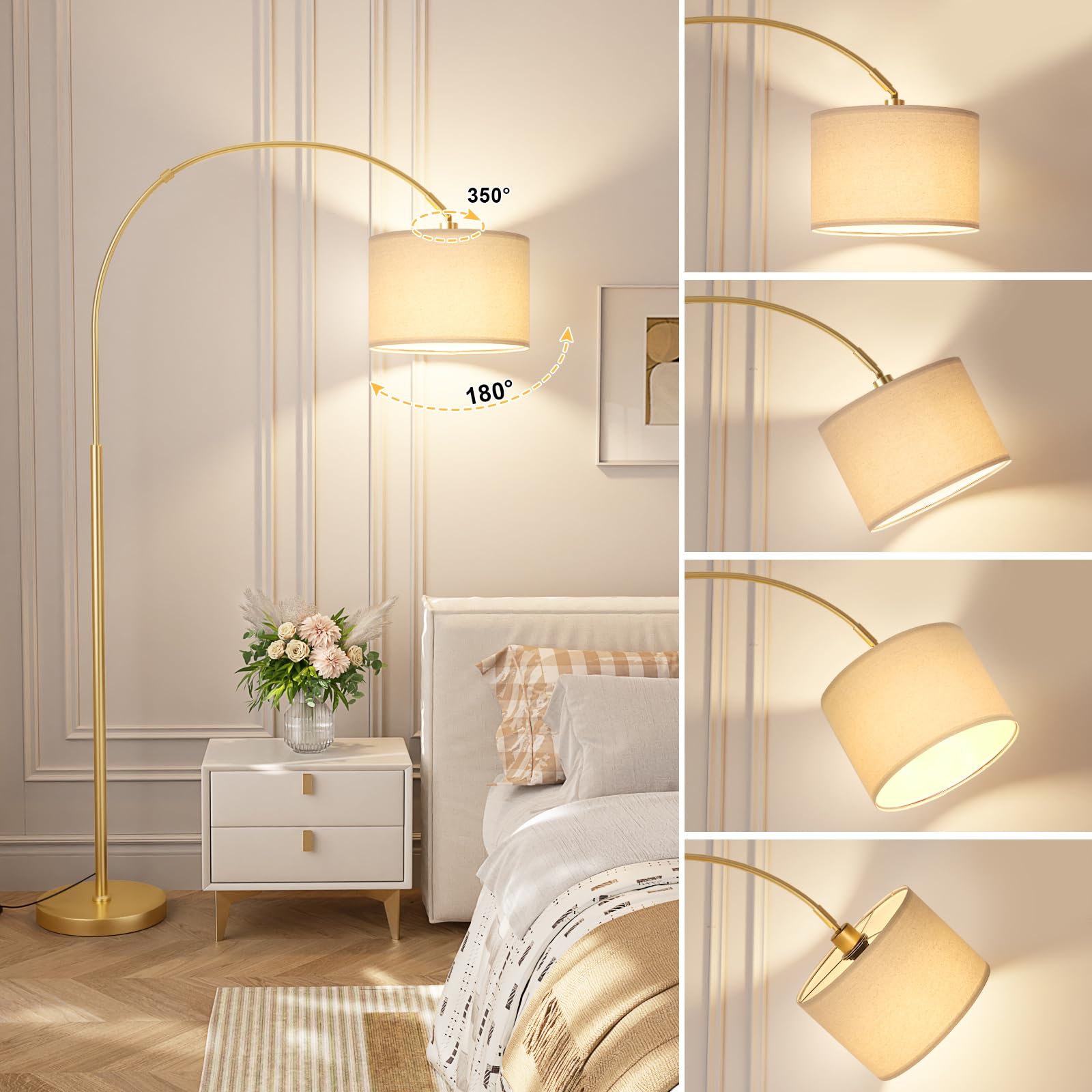 Ambimall Dimmable Arc Floor Lamp with Remote, Metal, 70.66in H x 27.95in W x 11in D, Deep Beige and Gold