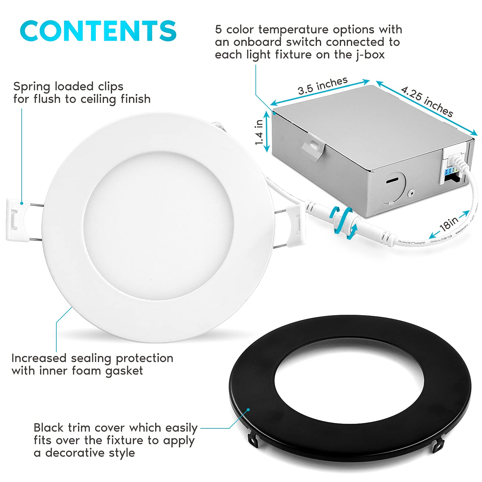 Luxrite 4 Inch Ultra Thin Led Recessed Light With J-Box, 10W, 5 Color Options 2700K | 3000K | 3500K | 4000K | 5000K, Dimmable Wa