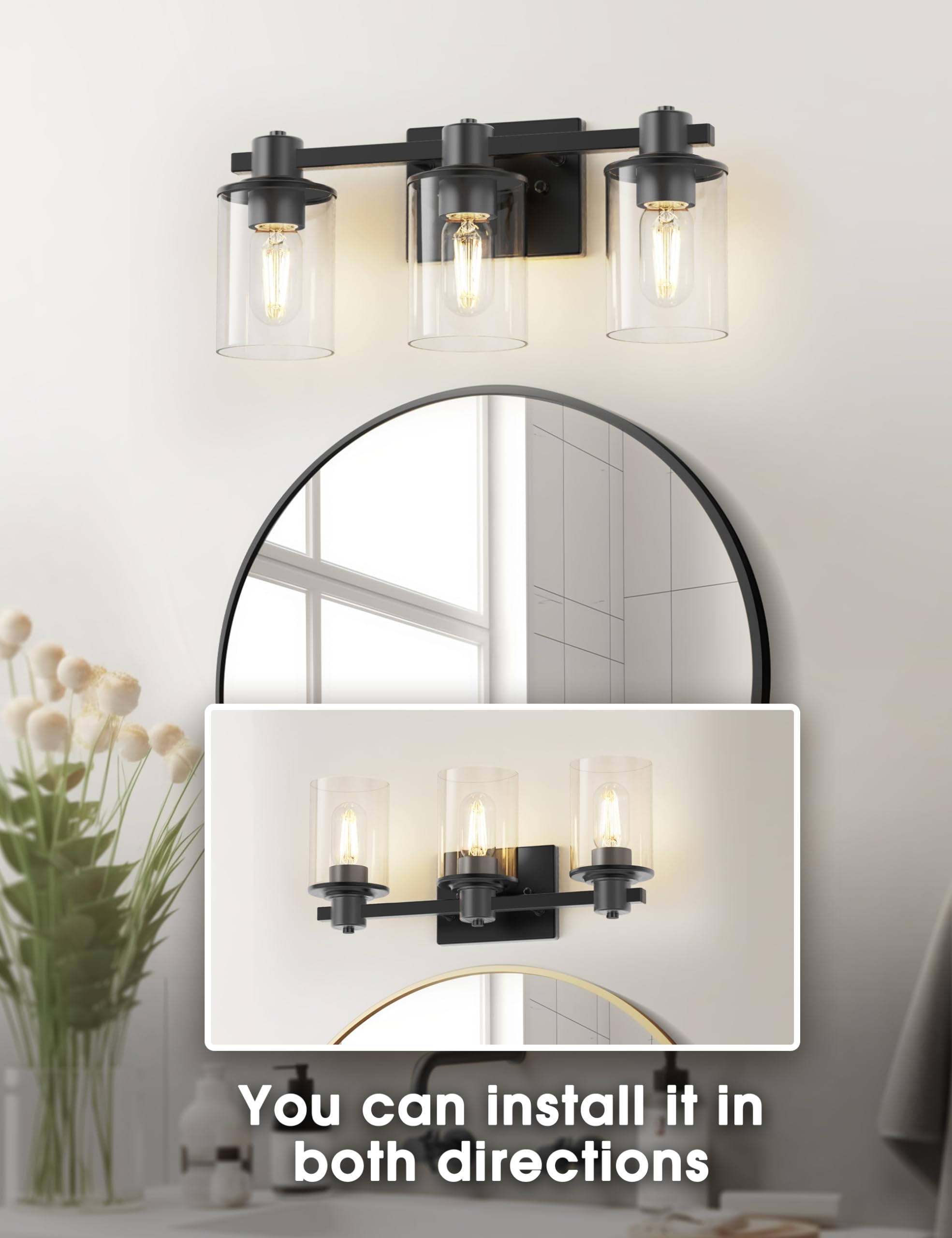 DORESshop 3-Light Bathroom Light Fixtures, Modern Black Vanity Lights with Clear Glass Shade, Model D-JQD07T3BLE26