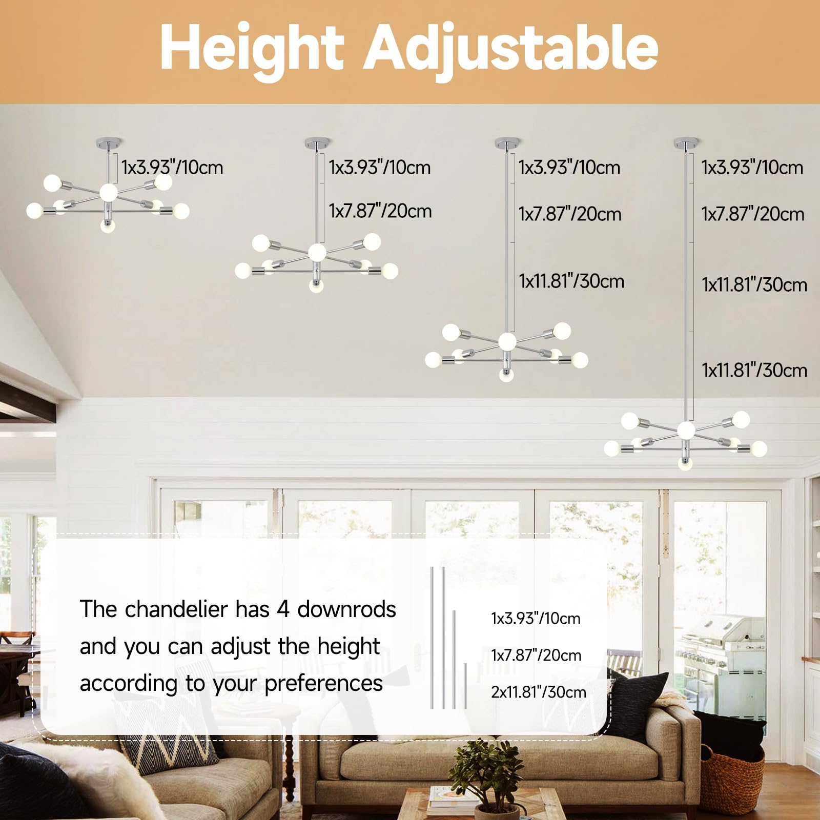Hhr Modern Sputnik Chandelier, Industrial 8-Light Chrome Ceiling Light Fixture, Height Adjustable Lighting For Kitchen Island,Be