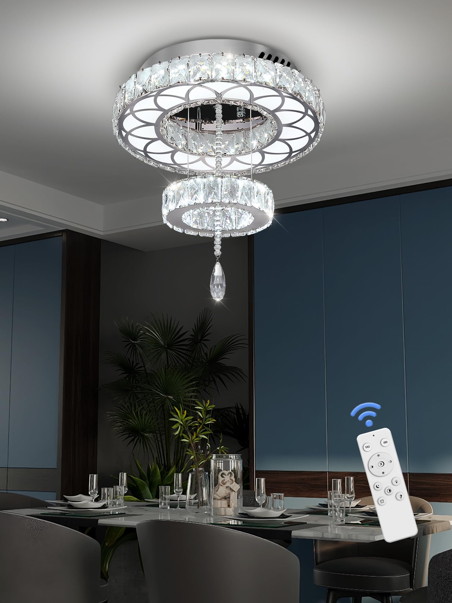 Flashing God 16" Crystal Chandelier, Silver LED Flush Mount Light, Dimmable 2700K/4500K/6000K for Living Room & Bedrooms, Model MMQ026
