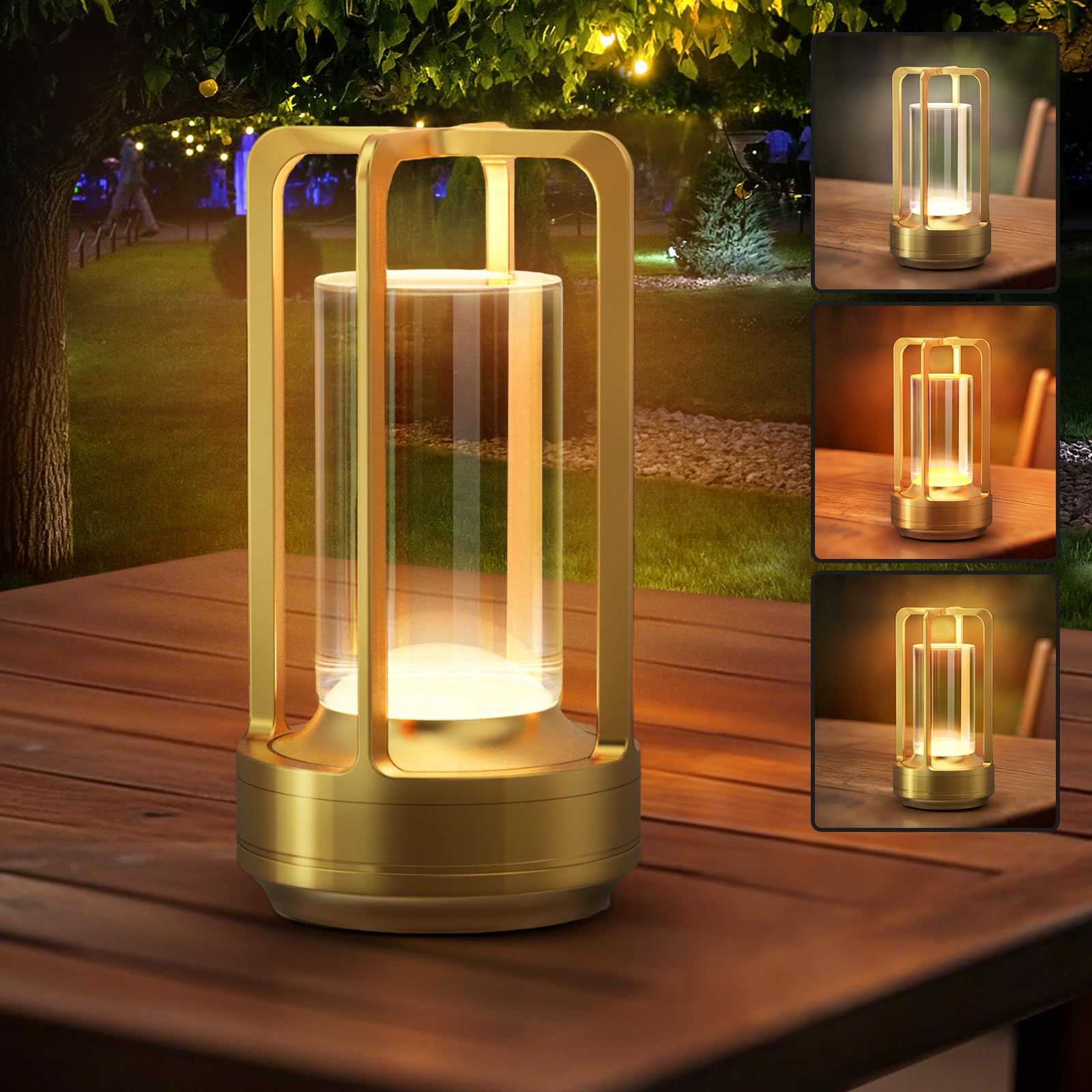 Yunaking Portable Table Lamp - Cordless Rechargeable, 3 Color Dimmable, Metal, Transparent Gold, Model CPJJDZ0SZD0119