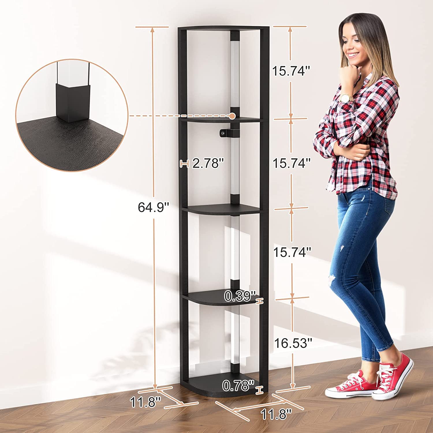 VTRIN Corner Shelf - 5-Tier Black Engineered Wood Bookshelf with Light for Living Room and Bedroom Storage