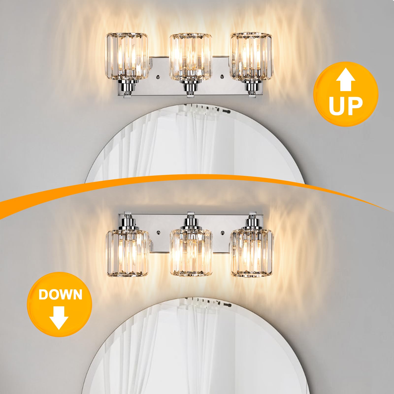 Haolaike 3 Lights Chrome Bathroom Vanity Light Fixture, Modern Metal Design, E27 Base, Over Mirror, Model 3L-CRYSTAL-BATH-VT-LIGHT