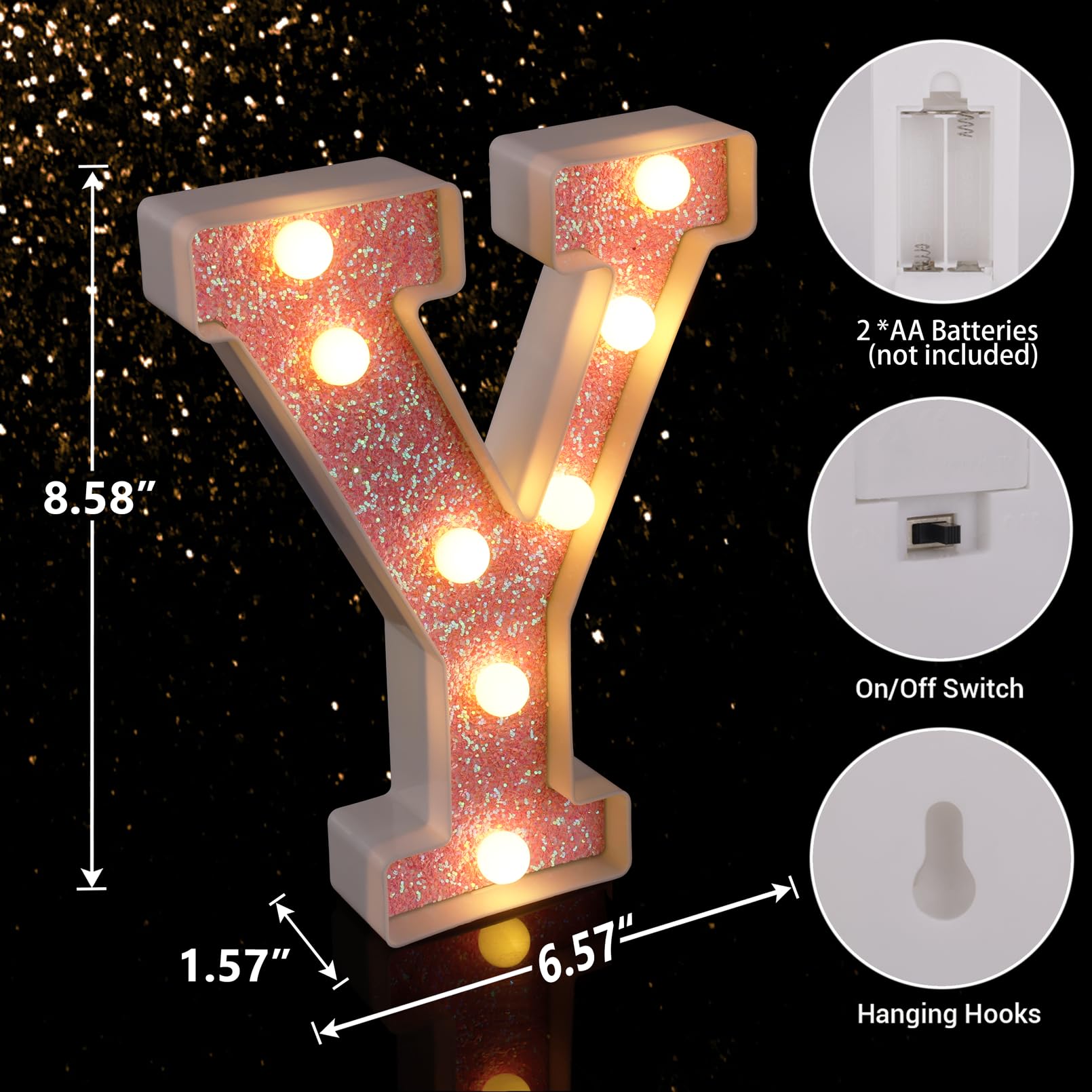 TRONSBOO LED Letter Light Pink Glitter Marquee Sign Battery Powered 16.73cm x 21.78cm x 3.99cm Model Pink-Light-Y