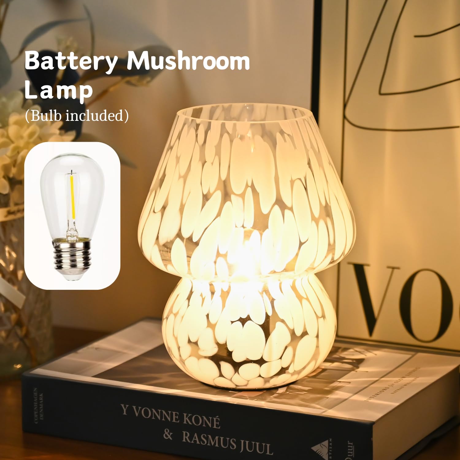 Aomoonoa Glass Mushroom Lamp, Small Mushroom Desk Lamps With Led Bulb For Kitchen Counter, Cozy Lamp For Bedroom Nightstand, Bat