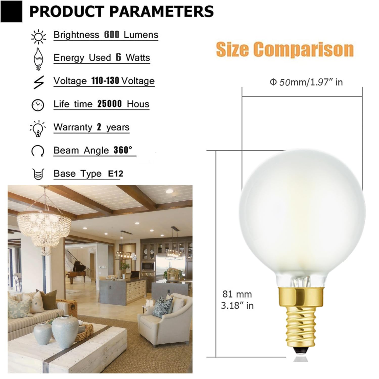Leools Dimmable g16.5 led Frosted Bulb e12 g16 1/2 led Candelabra Bulb 60w led Edison Bulb 3000K Soft White 600lm ac120v 6w g50