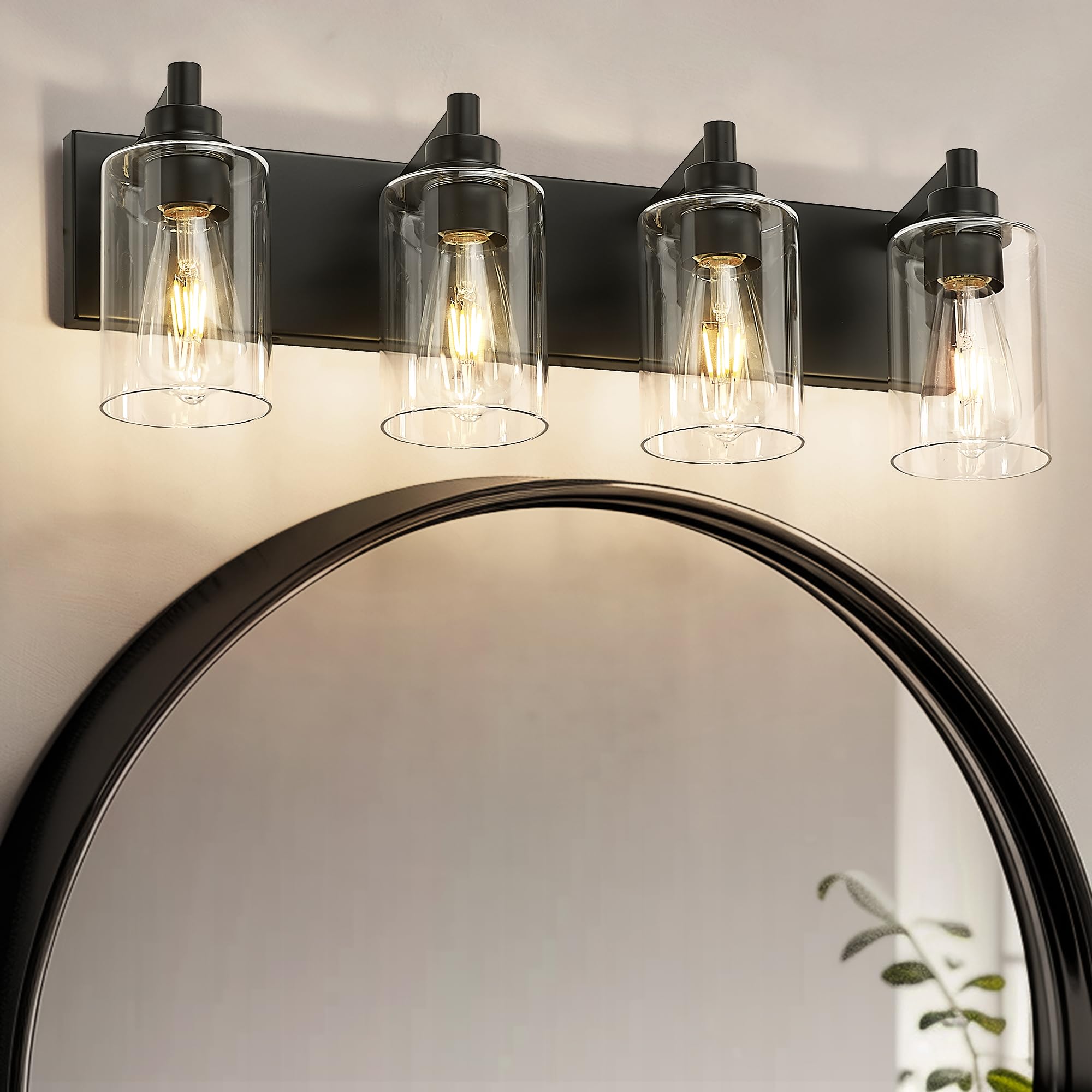 Metwet 4-Light Bathroom Light Fixtures, Black Vanity Light With Cylinder Clear Glass Shade, Modern Vanity Lighting Fixtures Over Mirror, Vl143-Mb-4
