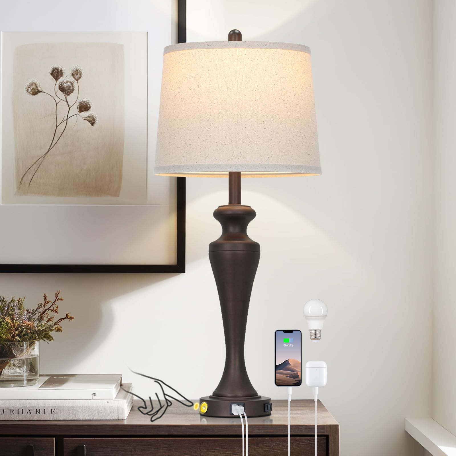 30 Inch Dark Brown Table Lamp Single  3-Way Touch Control Bedside Lamp with USB A+C Ports and AC Outlet  Tall Living Room Lamps for End Table  Elegant Coffee Bedroom Lamps for Night stand  Coffee