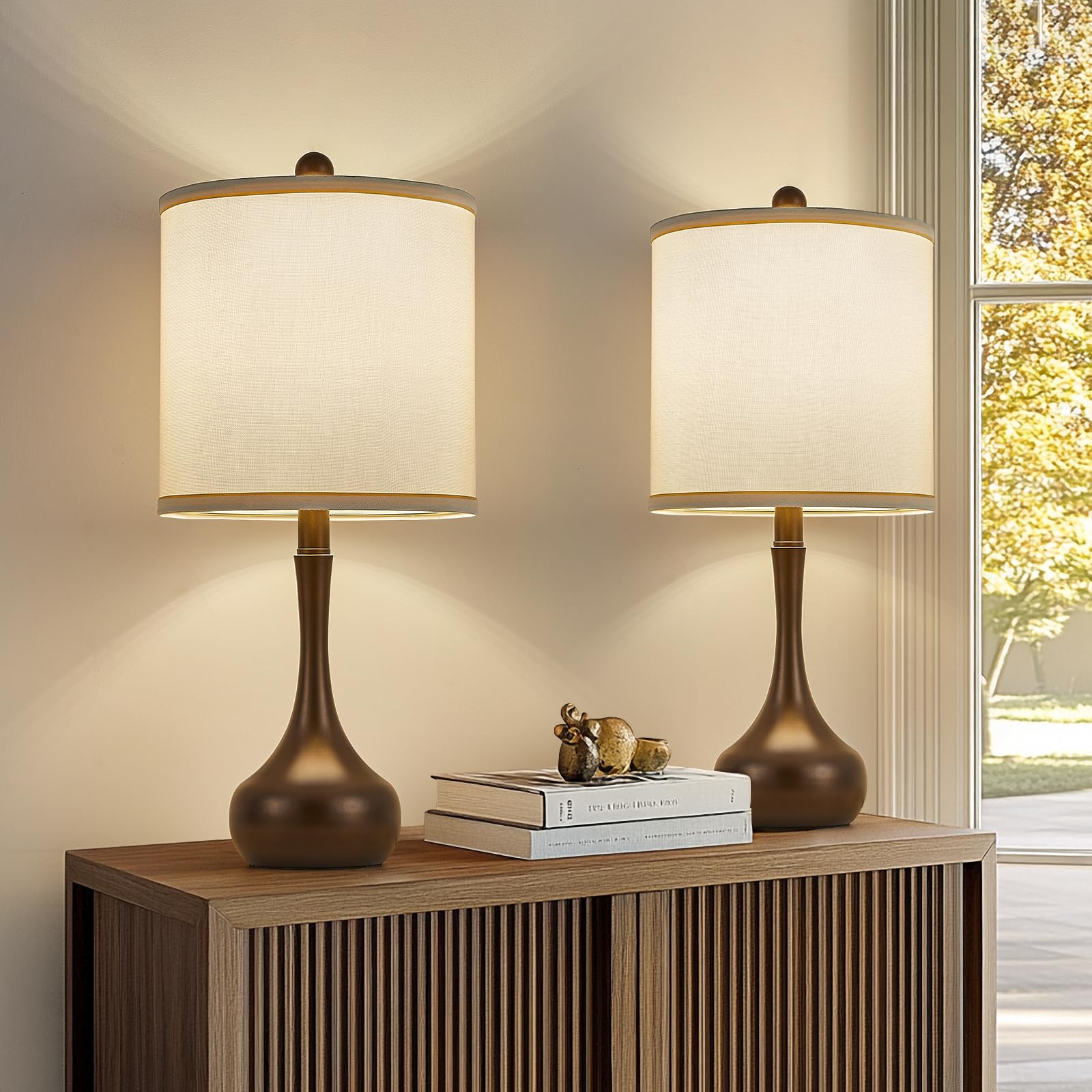 Helijia 23'' Brown Metal Modern Table Lamp Set Of 2,Farmhouse Bedside Lamps For Living Room, 3 Color Temperature Rustic Table La