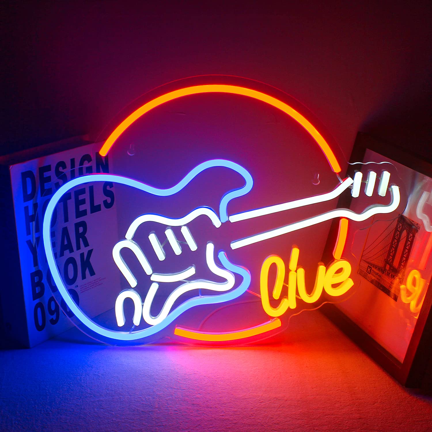 Wanxing Guitar Shape LED Neon Sign - Colorful Decor for Music Studio, 12.6x15.7 inches, USB Powered, Acrylic, Glass, Metal