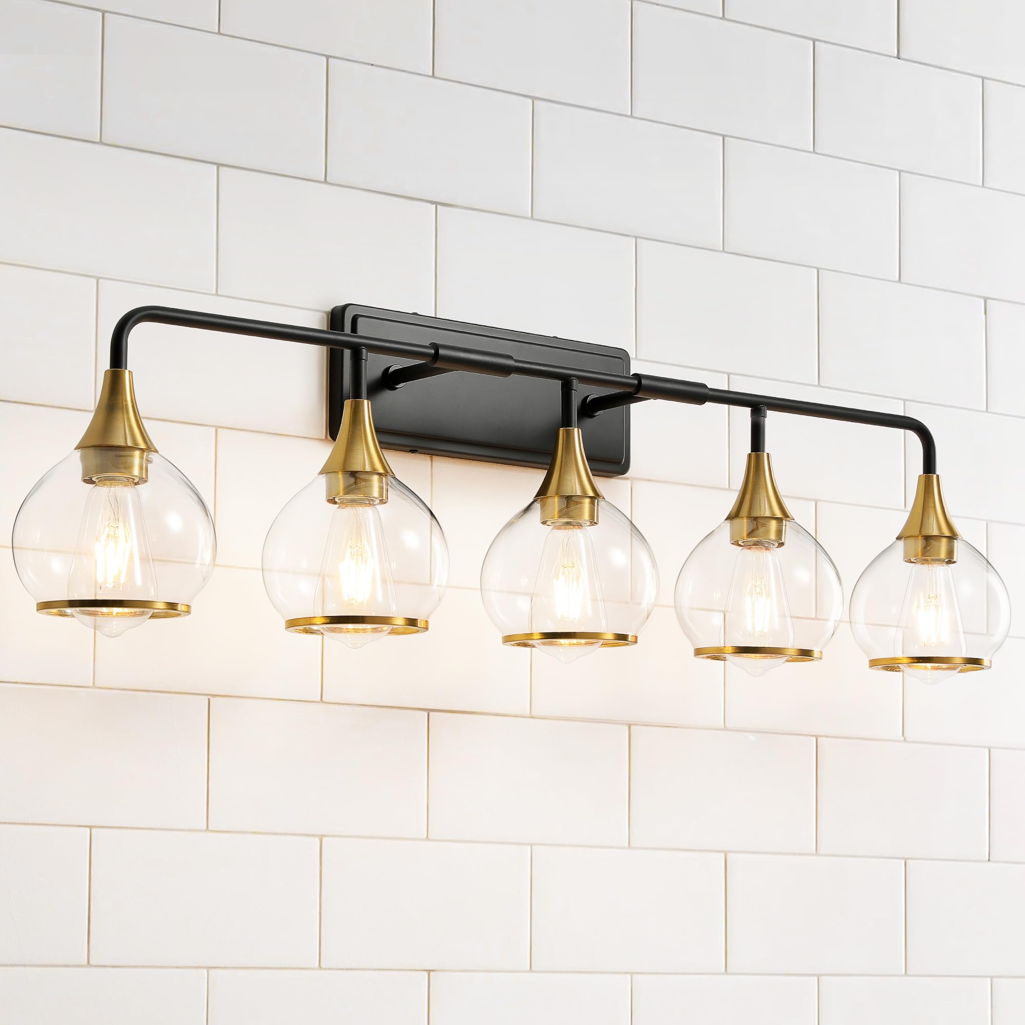 HAHZT Bathroom Vanity Light 5-Lights Metal Wall Sconce 39.2 inch Black and Gold Model 8033ML with Clear Glass Shade