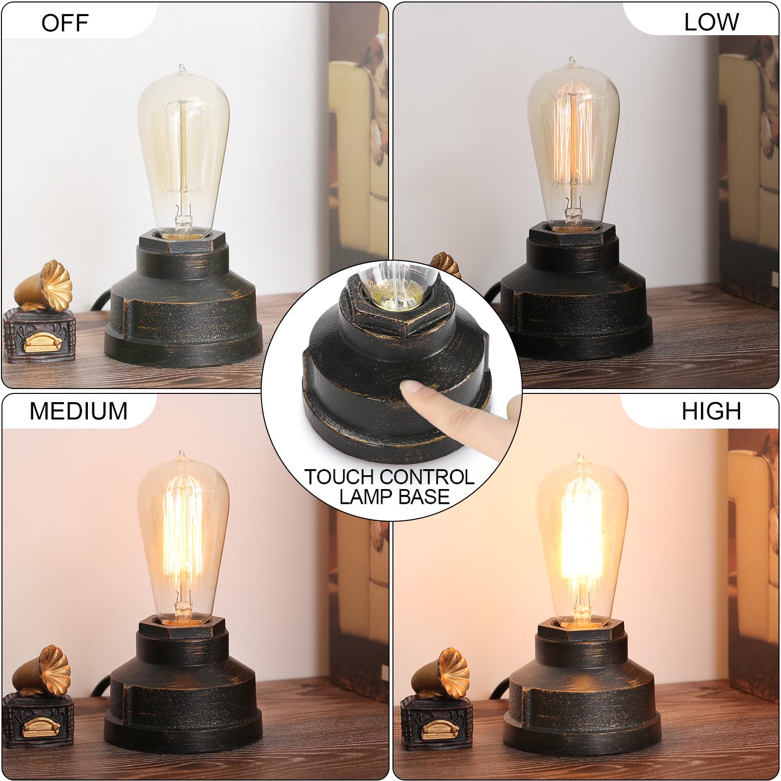 Boncoo Vintage Touch Control Table Lamp, Dimmable Edison Base, Black with Brushed Gold, 4.13in(D)*2.83in(H), Ideal for Bedroom & Living Room
