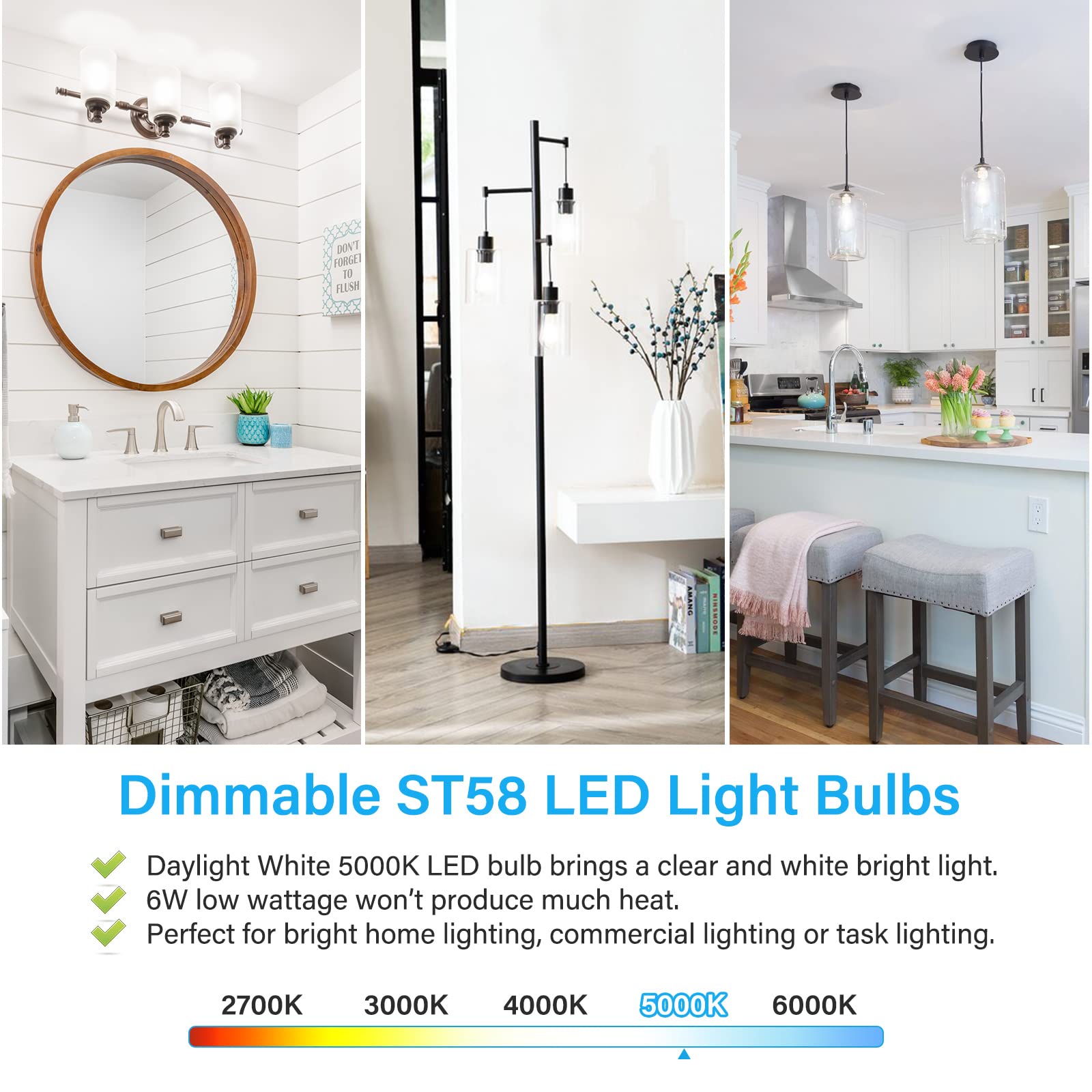 Maxvolador 10-Pack Vintage Led Edison Bulb Dimmable 60W Equivalent 850 Lumens, 6W Edison Light Bulbs 5000K, Antique St58 Led Filament Bulb E26 Base