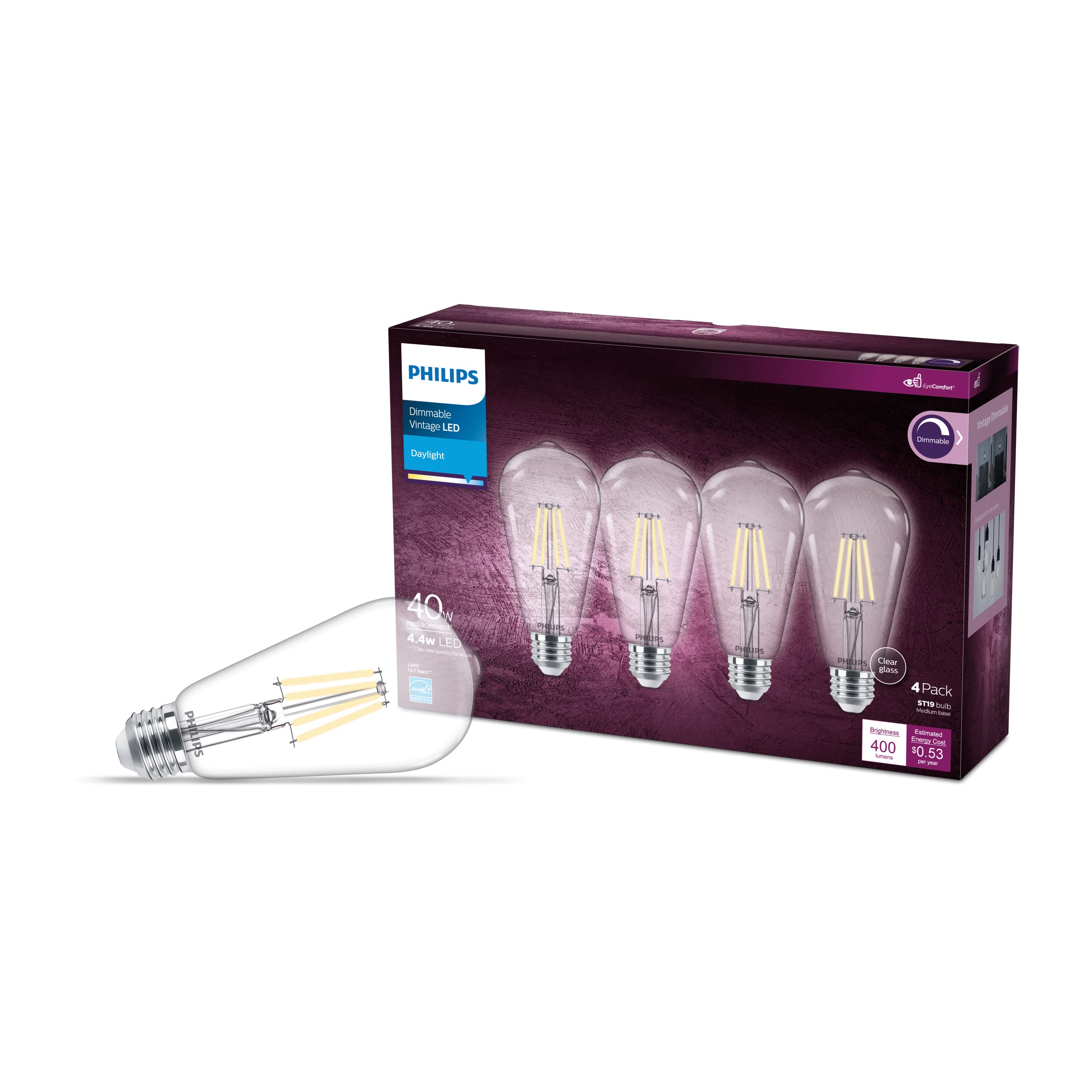 Philips LED Vintage ST19 Bulb - Dimmable - 4.4W=40W - 400 Lumen - Daylight 5000K - 4 Pack - Eye Comfort Technology