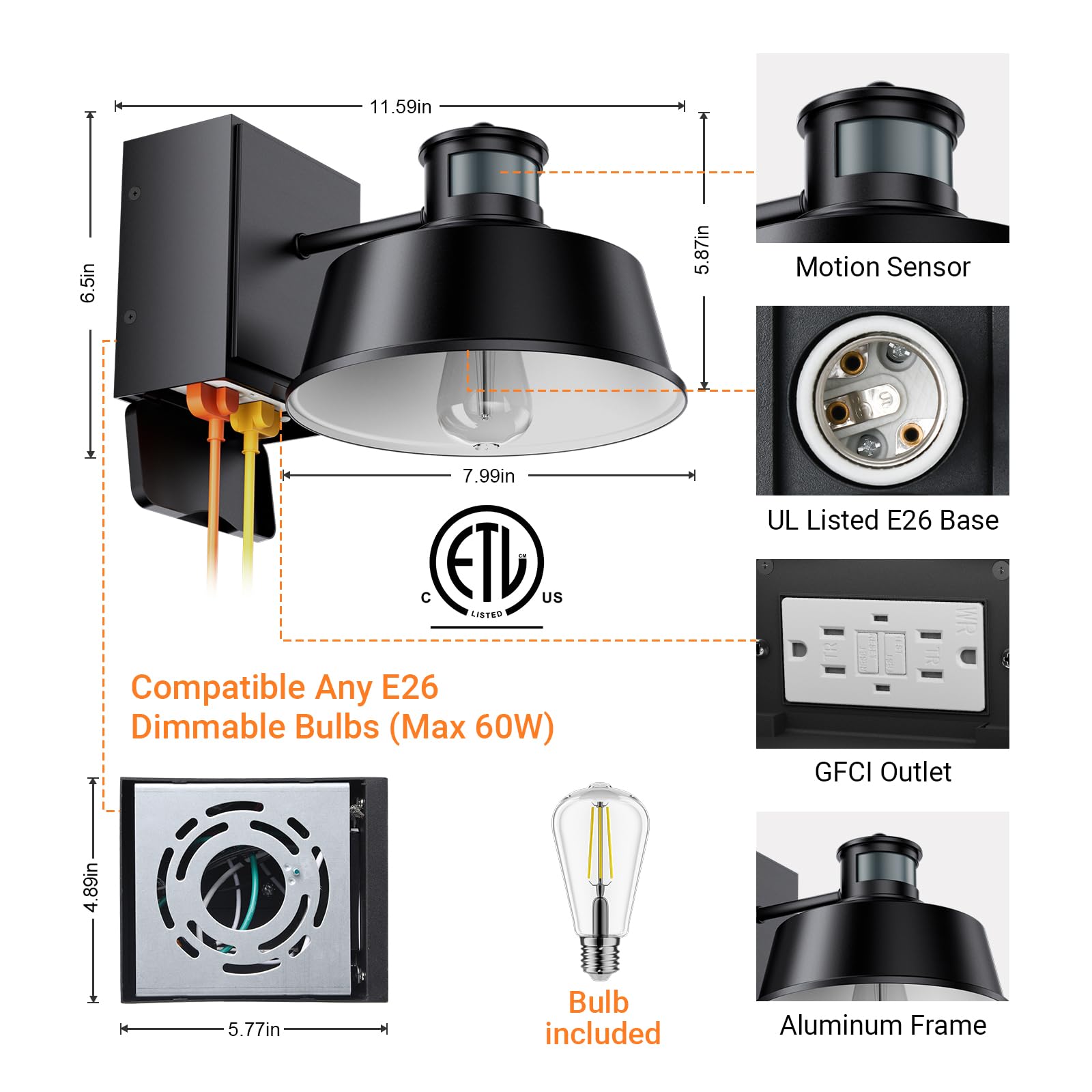 Ehaho Porch Lights With Outlet, Dusk To Dawn Motion Sensor Outdoor Light With Outlet Built-In, Waterproof Anti-Rust Lantern Outside Light With Gfci Outlet, Wall Sconce Light With Plug For Front Door