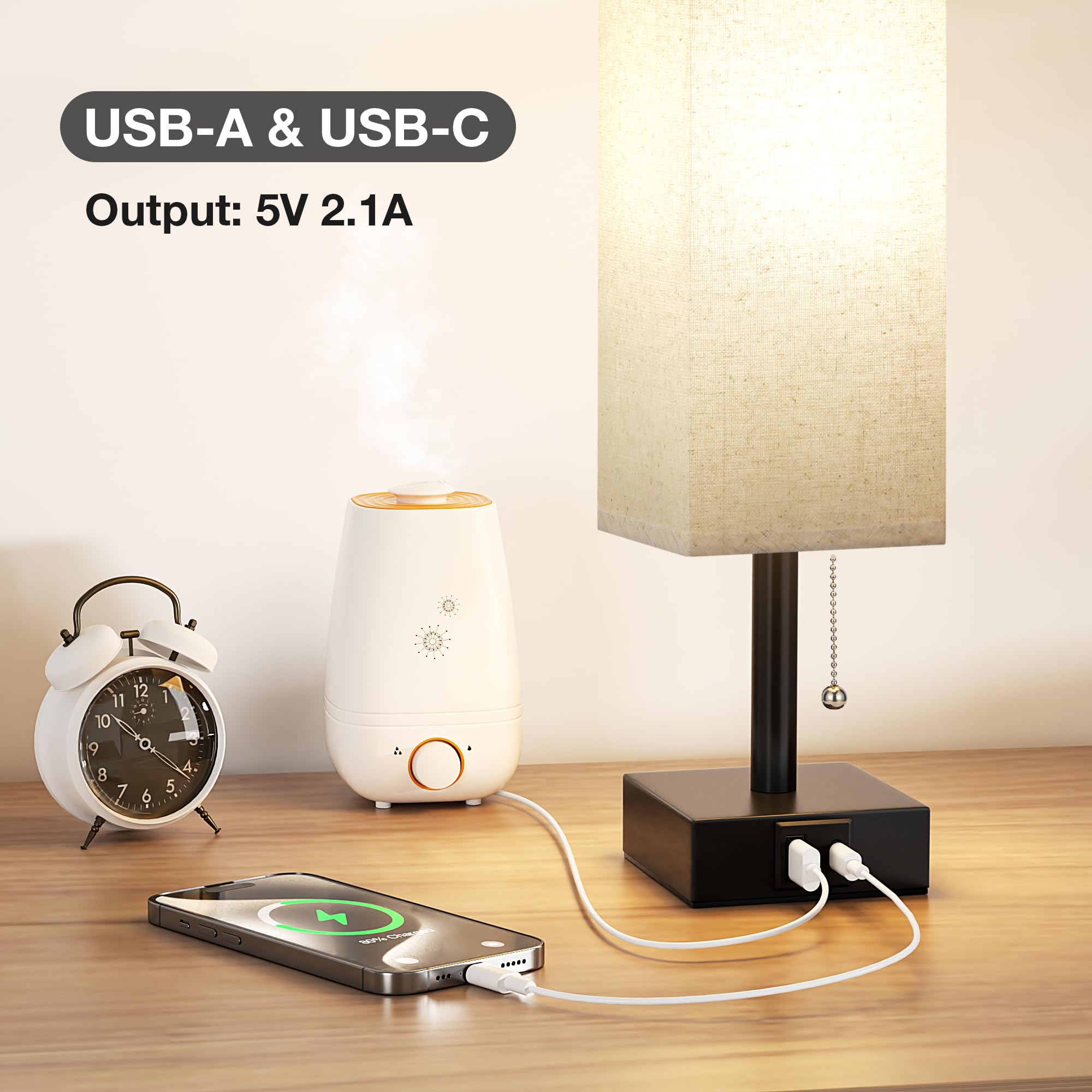 Small Linen Bedroom Lamp - 3 Color Temperature 3000K 5000K 4000K Bedside Lamp, Pull Chain Control, Usb A And C Charging Ports, Black Base, For Kids Office Dorm, Bulb Included