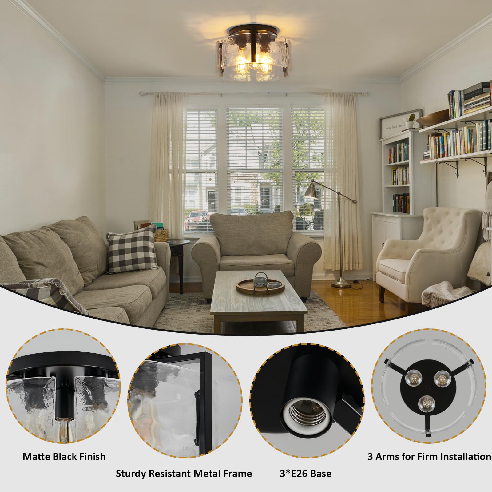 Black Flush Mount Ceiling Light Fixture, 3-Light Modern Ceiling Light, Hallway Light Fixtures Ceiling Mount, Kitchen Lighting Fi