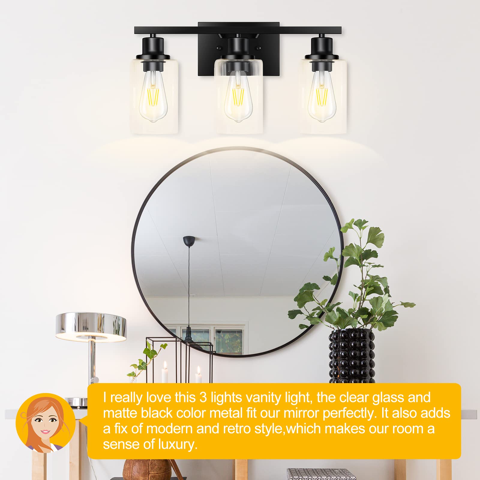 Apenath 3-Light Vanity Light, Matte Black Metal Wall Fixture, Modern Design for Bathroom, Kitchen, Hallway, Model HU-XI-201