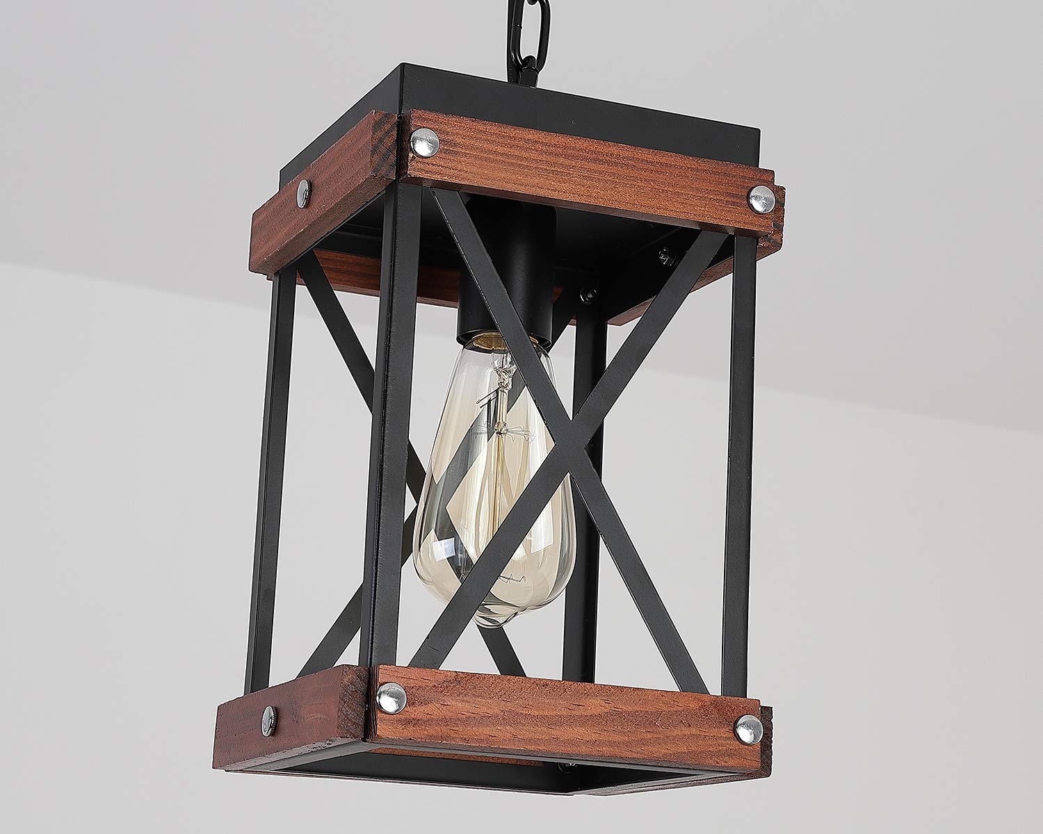 Fivess Lighting Rustic Farmhouse Plug-in Pendant Light, Black, 15ft Cord, On/Off Switch, Wood & Metal, Small, Model FSS6103-2P