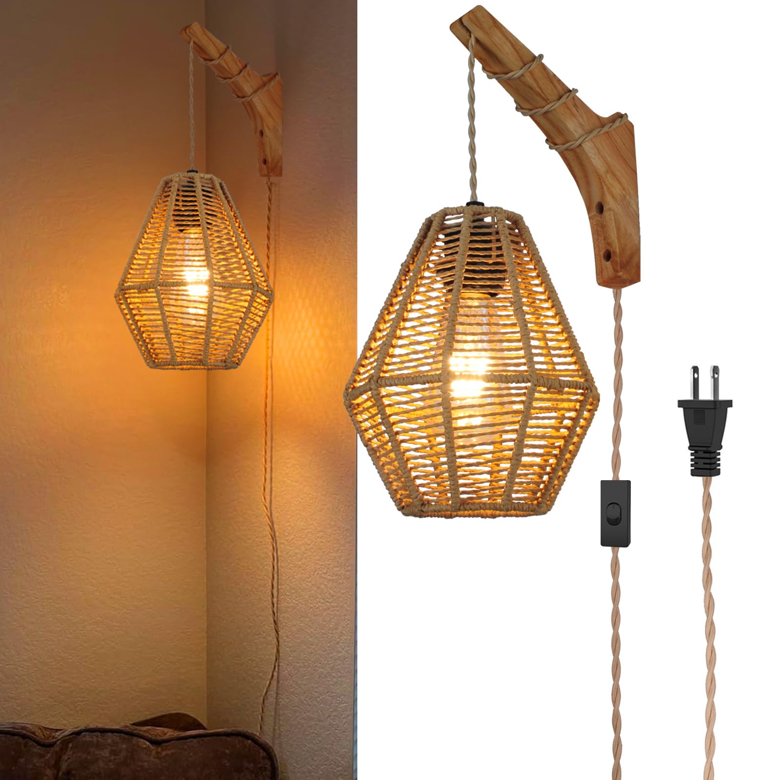 Yiizon Plug In Wall Sconces, Rattan Wall Sconce Lighting-Wall Lamp With Plug In Cord Switch,Wall Lights For Bedroom Living Room,Hemp Rope Cageshape, Bulb Included