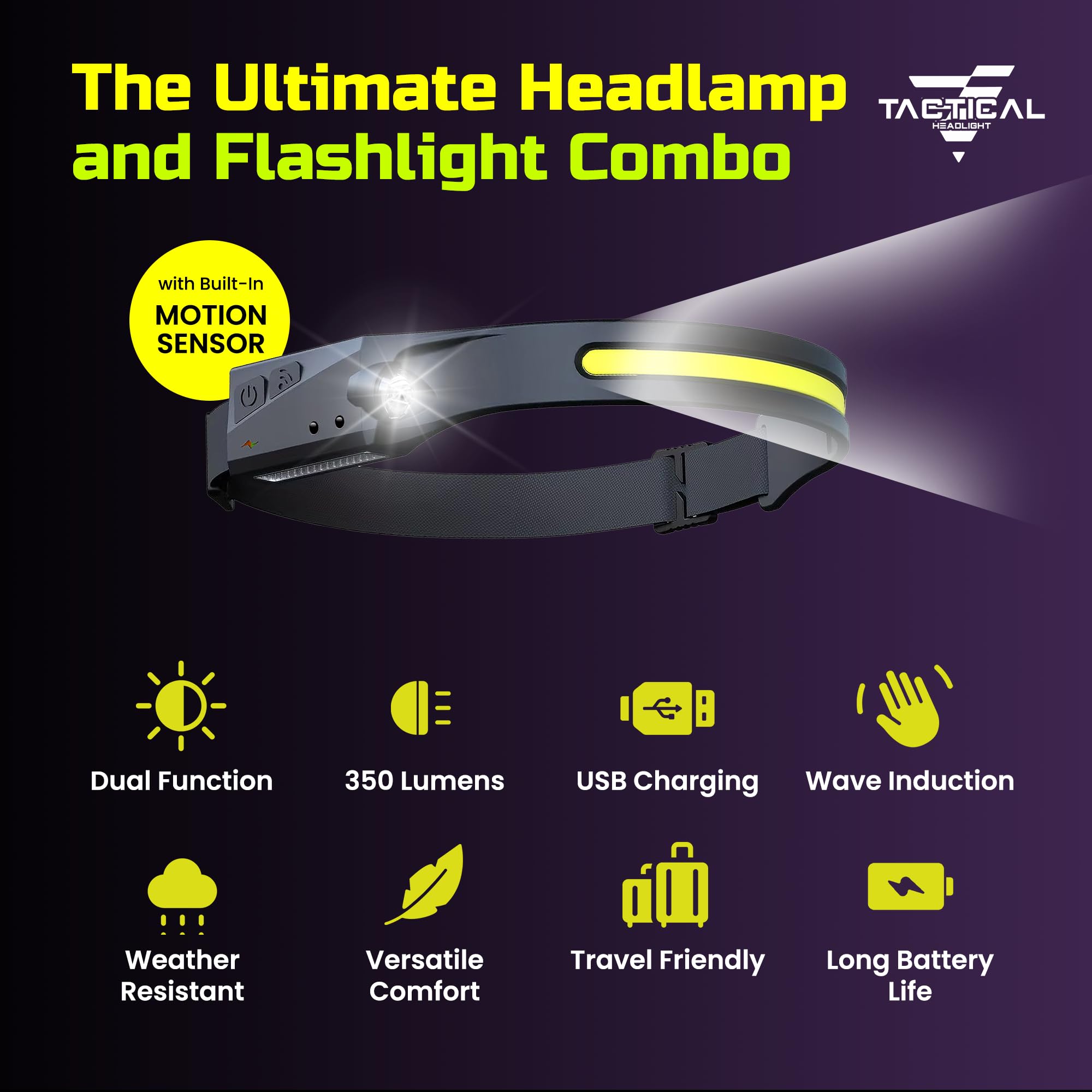 FREEZE2TRIM Tactical Headlight - 230° Wide Beam LED, 350 Lumens, Rechargeable USB-C, IPX4 Waterproof, Adjustable Size, Black