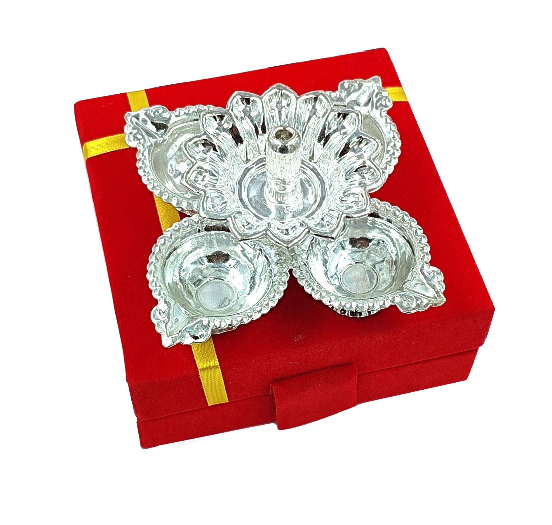 Bengalen Silver Plated Diya, Handmade Daily Oil Lamp, Pack Of 1, Red Velvet Gift Box, Traditional Indian Deepawali Decoration