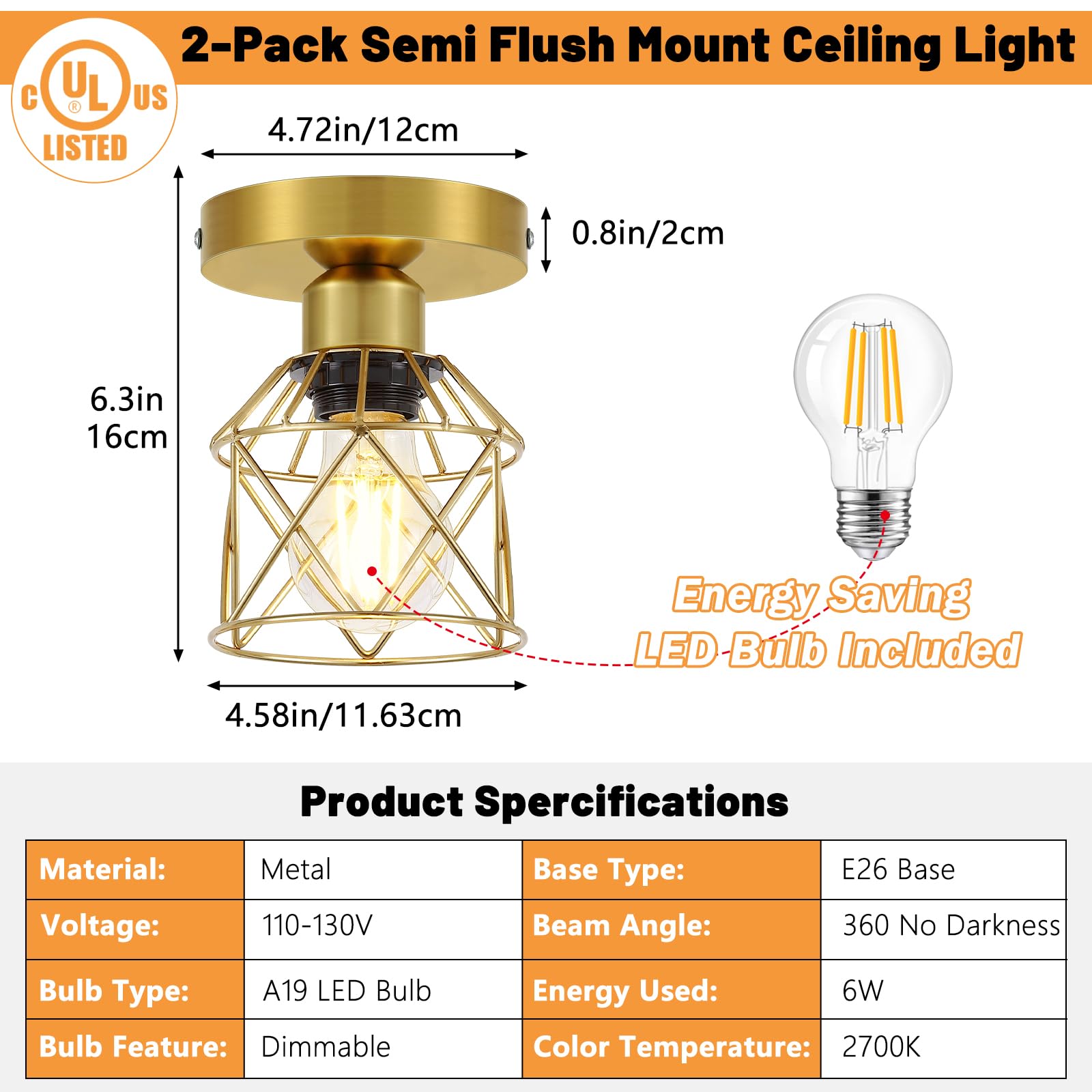 Fadimikoo 2-Pack Gold Hallway Light Fixtures Ceiling  Small Semi Flush Mount Ceiling Light With Gold Metal Cage  Indoor Close To Lighting Lamp For Bedroom Closet Entryway (Led Bulbs Included)
