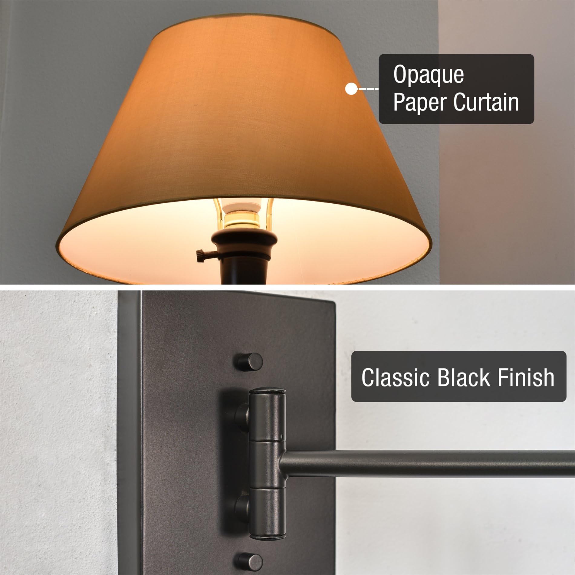 Kira Home 15in Swing Arm Wall Lamp, Metal, Opaque Beige Paper Shade, Black Finish, Plug in/Wall Mount, Model RV-W22-227489