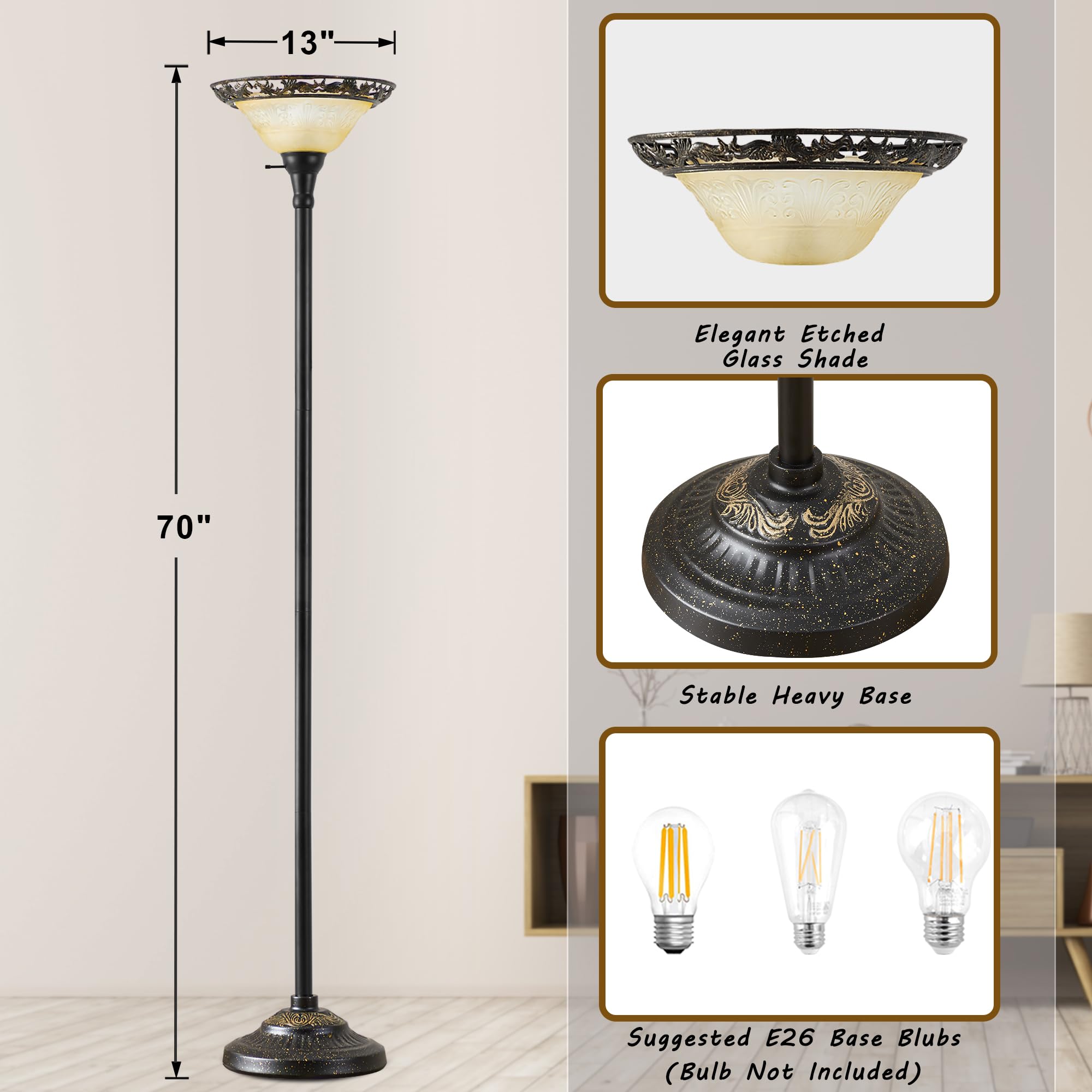 Luvkczc Torchiere Floor Lamp - 70" Victorian Metal Lamp with Etched Glass Shade, Black & Yellow, Model 31001 for Living Room/Bedroom
