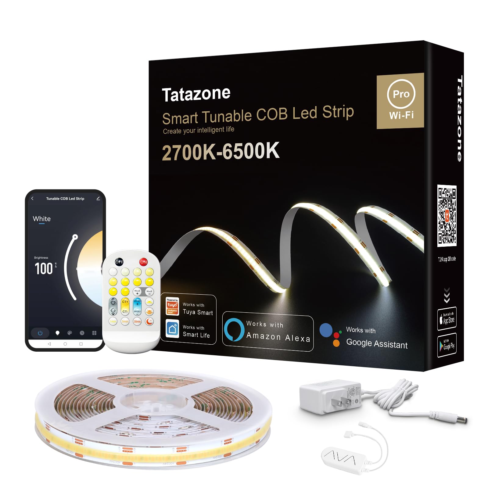 Tatazone 4.92ft Tunable White Smart COB Led Strip Light Kit, CCT 2700K-6500K Bright COB Led Tape Light Work with Alexa and Googl