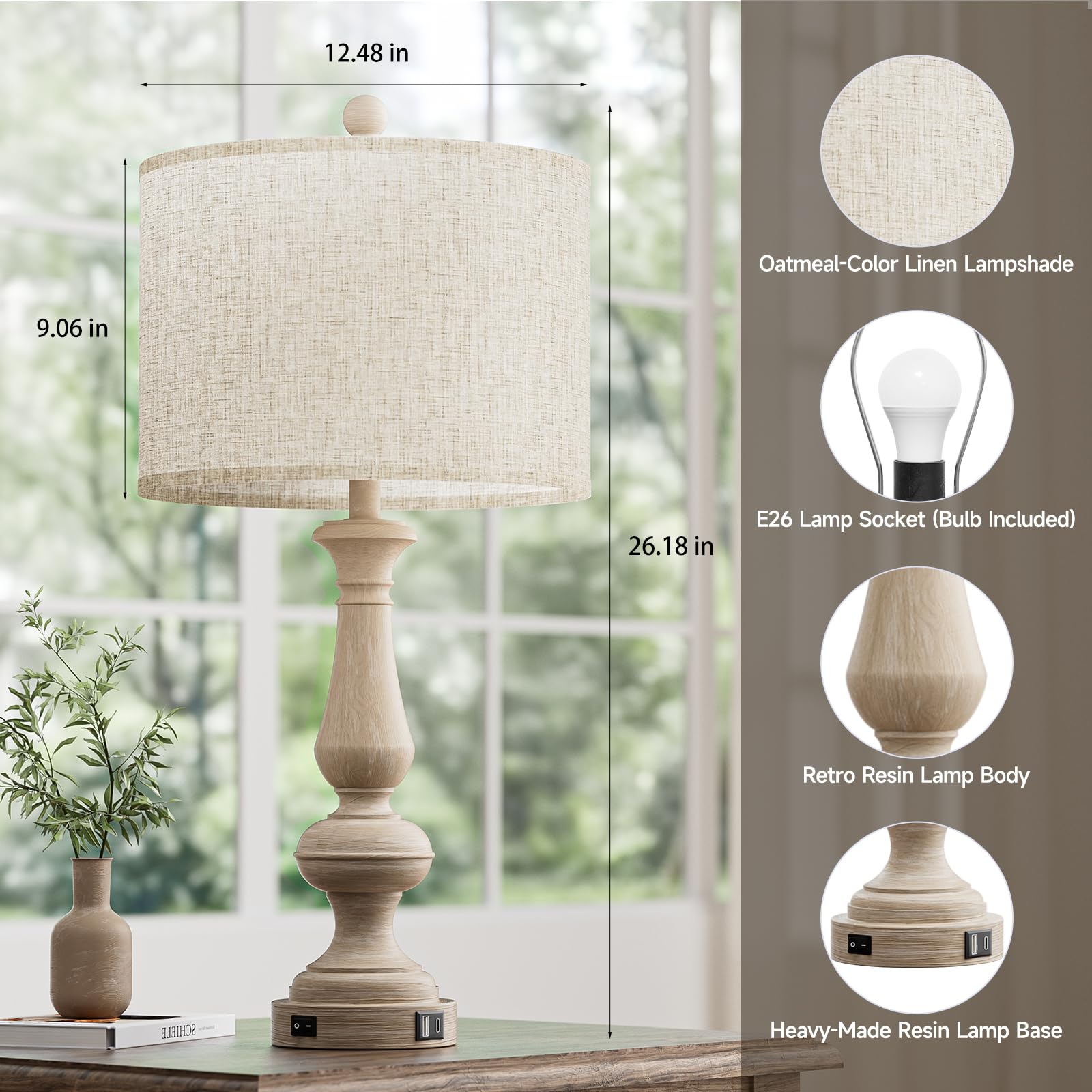 Jeagop 26in Resin Table Lamp Set of 2, Gray, USB C+A Ports, 3 Color Temperatures, Model TB-SZ-2P01