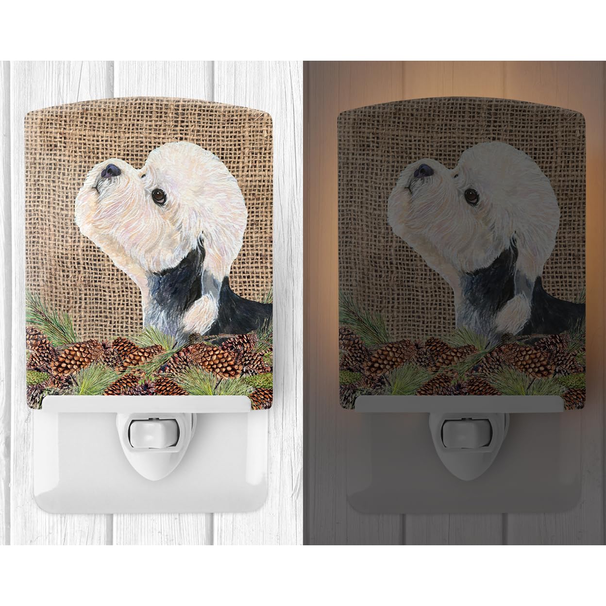 Carolines Treasures Ceramic Night Light, Dandie Dinmont Terrier, 6x4x3in, Model SS4092CNL, Faux Burlap with Pine Cones