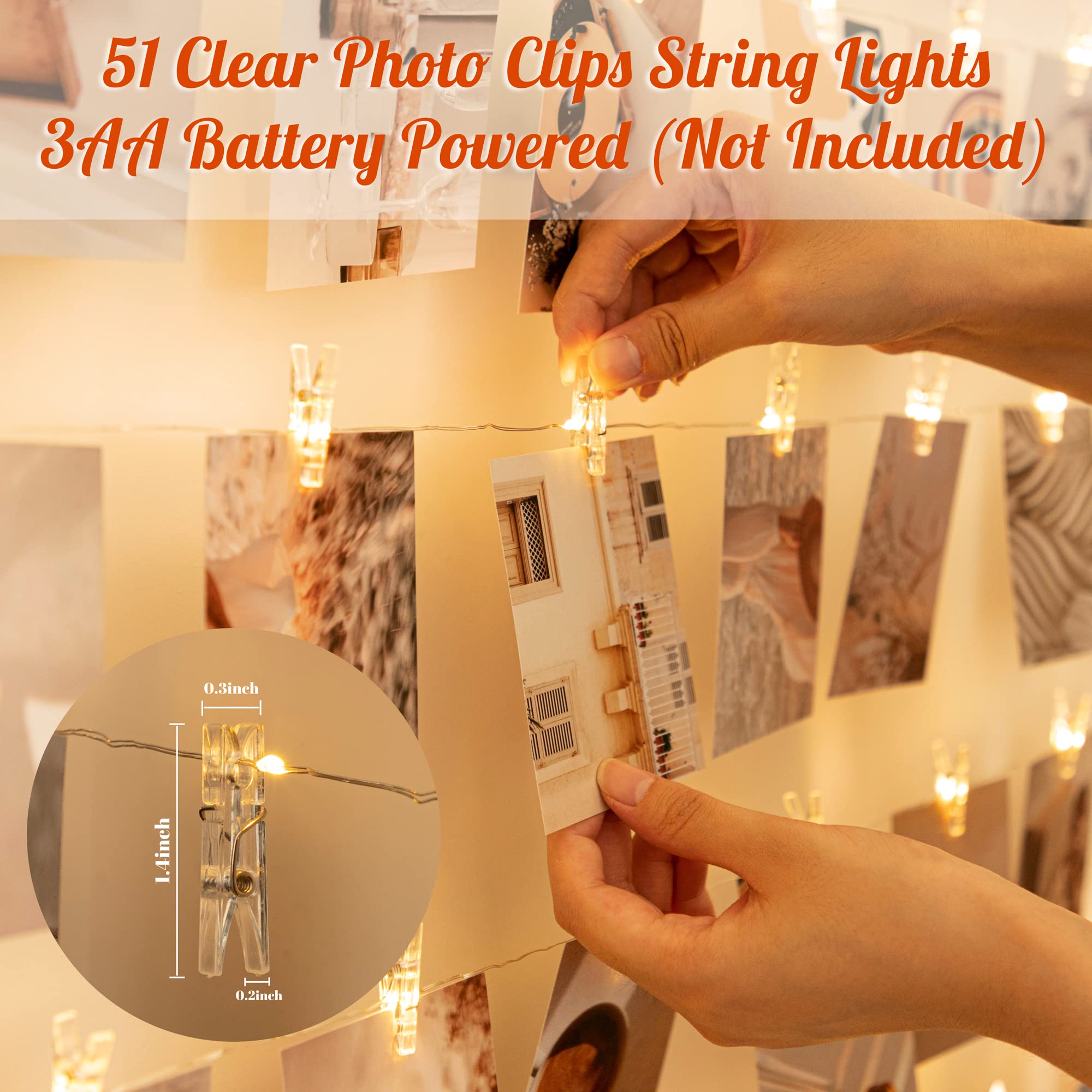 100Led Photo Clips String Light,33Ft Fairy Lights With 51Clips, Battery Operated String Lights With Clips For Pictures, Room Decorations For Dorm Wall Bedroom Wedding Christmas Tree (Clear Clips)