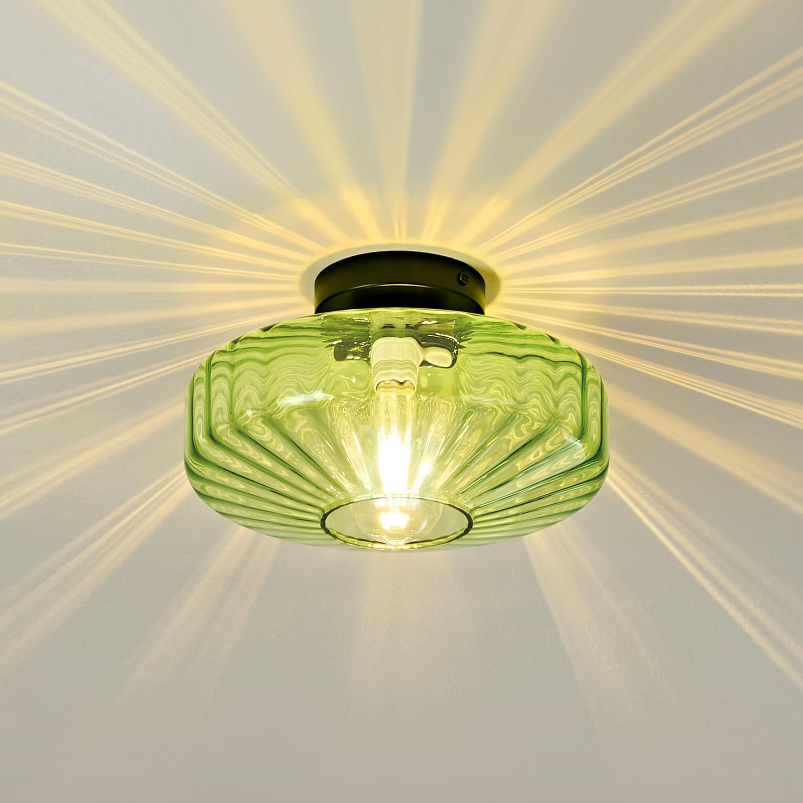 Mazu House Glass Semi Flush Ceiling Light - Vintage Mid Century - 12 in Green Drum Fixture - Model DDXD09-LS-30cm