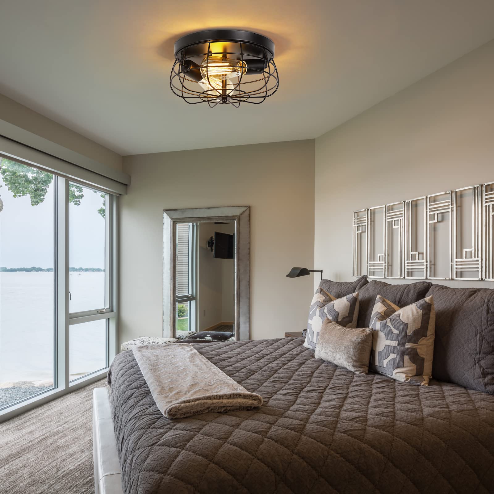 Industrial Black Flush Mount Ceiling Light 2-Light Farmhouse Ceiling Light Fixtures Metal Cage Ceiling Lighting For Hallway, Kit