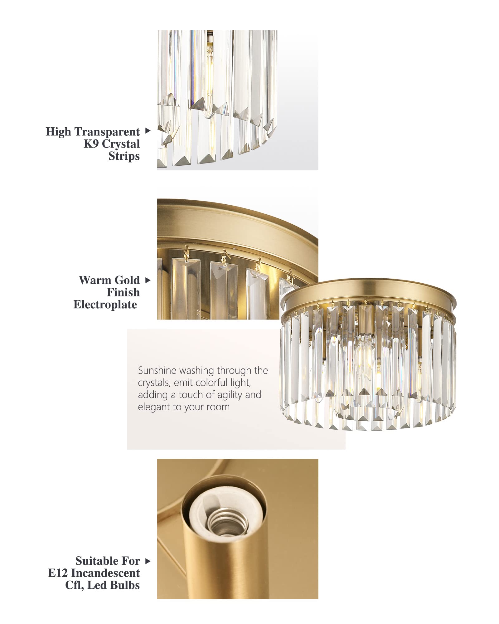 Klklch Gold Flush Mount Ceiling Light, 12 Inch Modern Crystal Light Fixture, 3-Light Semi Flush Mount Chandelier Lighting For Li