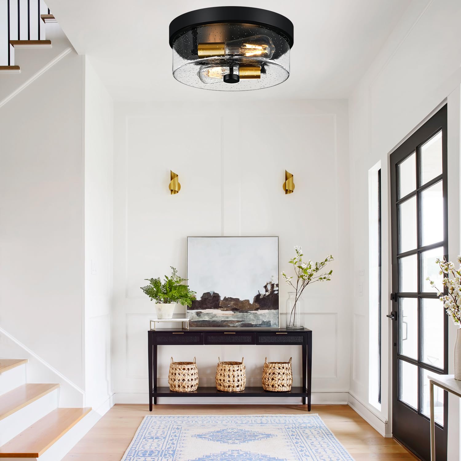 Flush Mount Ceiling Light Fixtures, 2-Light Black And Gold Ceiling Mount For Farmhouse With Seeded Glass Lampshade, Industrial F