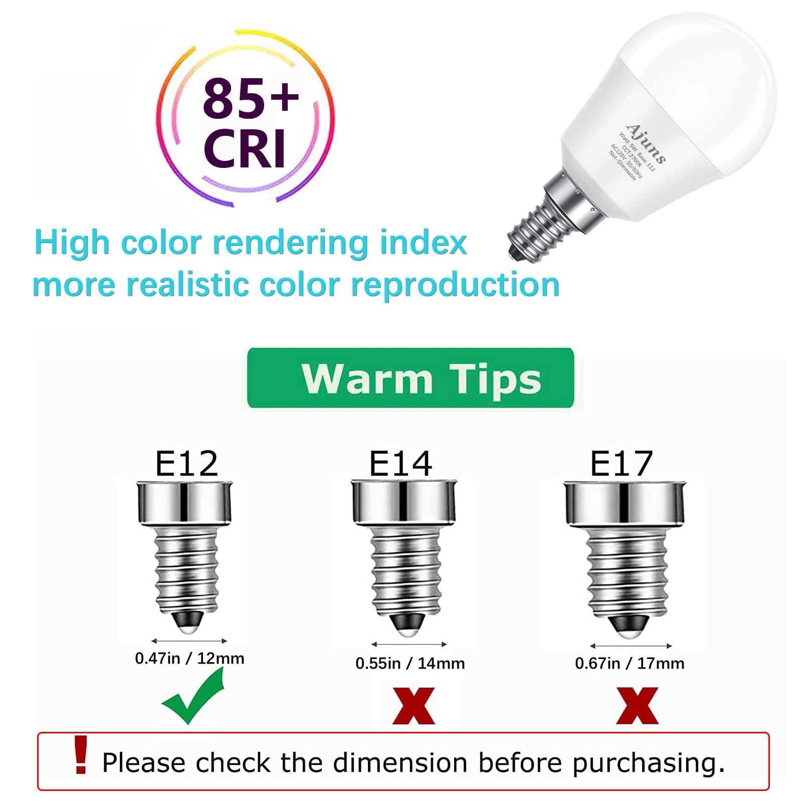 Ajuns 5W Led Bulbs 40W Equivalent E12 Base Warm White 2700K Non-Dimmable A15 Globe Shape, 6 Pack, 450 Lumen