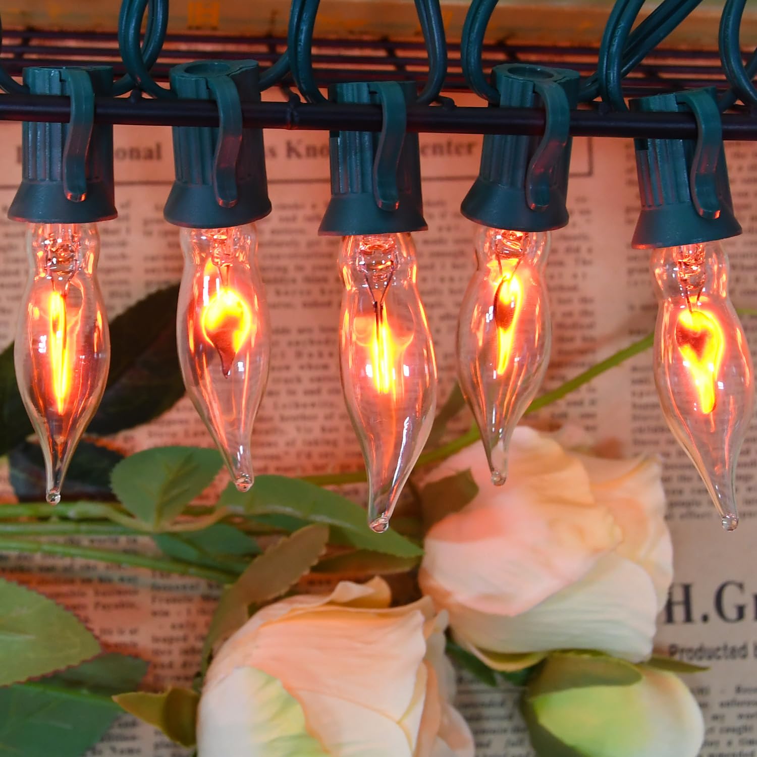 Glowzy 12.8Ft C7 Christmas Lights Flickering Flame String Lights With 12 Pack Clear Flame E12 Light Bulbs(2 Spare), Great For Christmas Decorations Indoor Outdoor Home Patio Party Lights, Green Wire