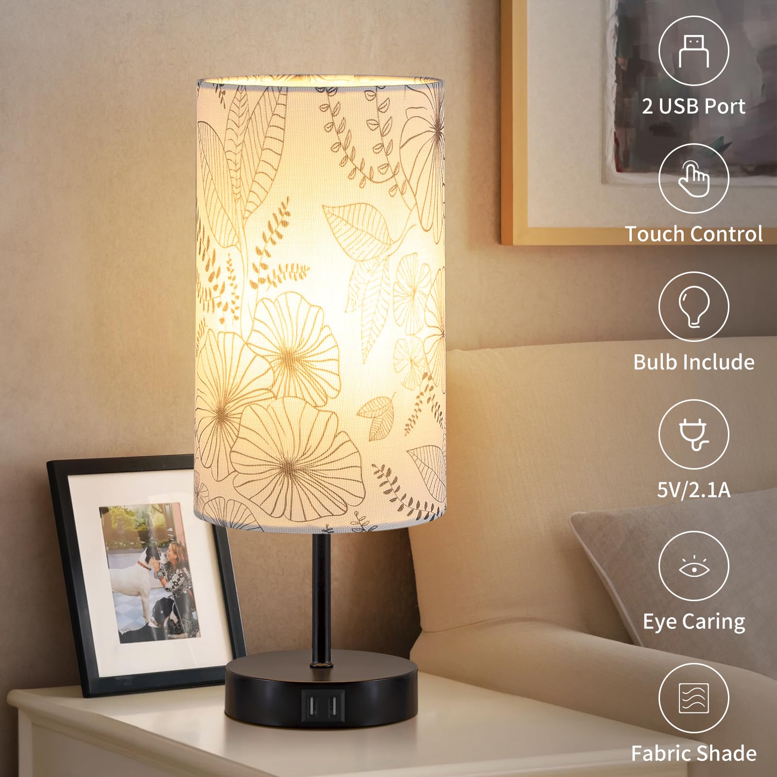 Bedside Touch Lamp With 2 Usb Ports, Modern 3 Way Dimmable Small Lamp With Flower Fabric Shade, Nightstand Lamp For Living Room
