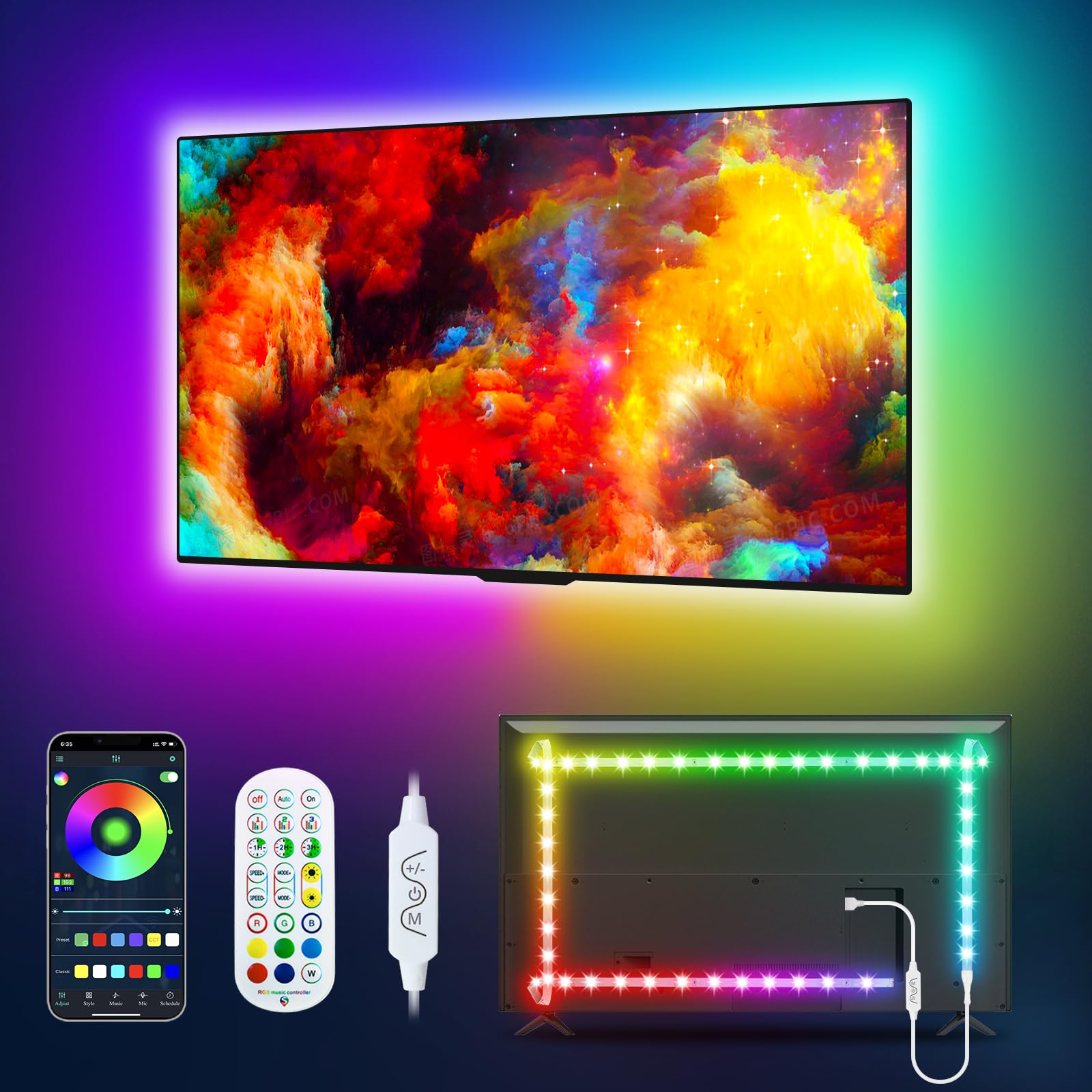 Daymeet Led Tv Backlight - 13.1Ft Rgb Strip Lights For 45-60In Tvs, Music Sync, Bluetooth Control, Dream Colored, Model Xr-Ca-Hcx4M
