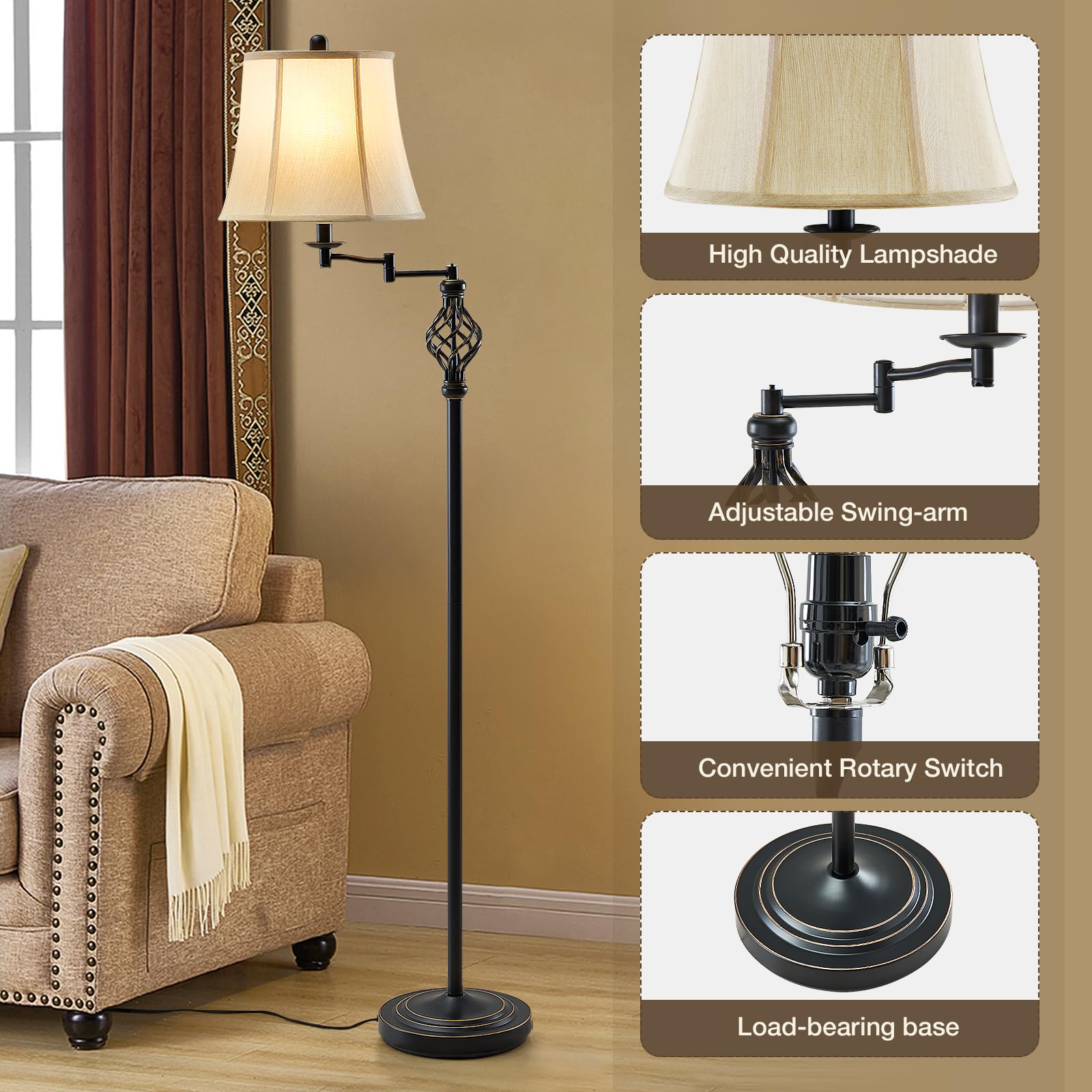 Gyrovu Adjustable 350° Swing Arm Led Floor Lamp, Vintage Beige Bell Lampshade For Living Rooms