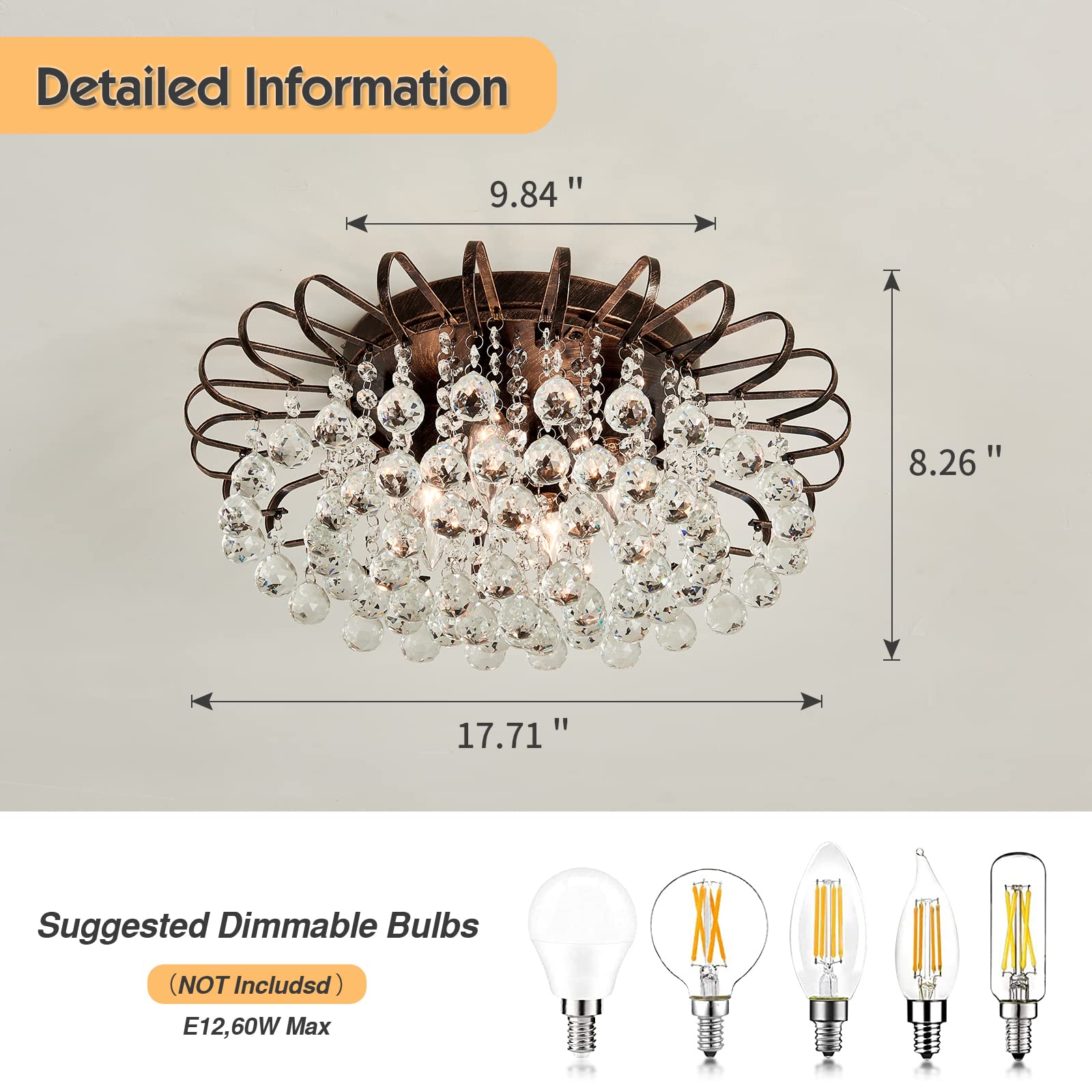 Cvkash 4-Light Crystal Floral Chandelier Modern Bronze Flush Mount Raindrop Crystal Ceiling Lighting Fixture Farmhouse Chandelie